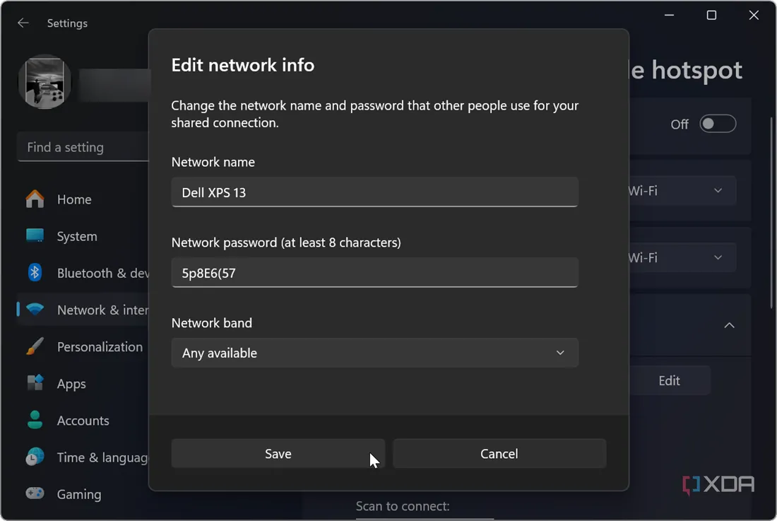 Chỉnh sửa tên mạng, mật khẩu và băng tần cho hotspot Wi-Fi di động trên Windows 11
