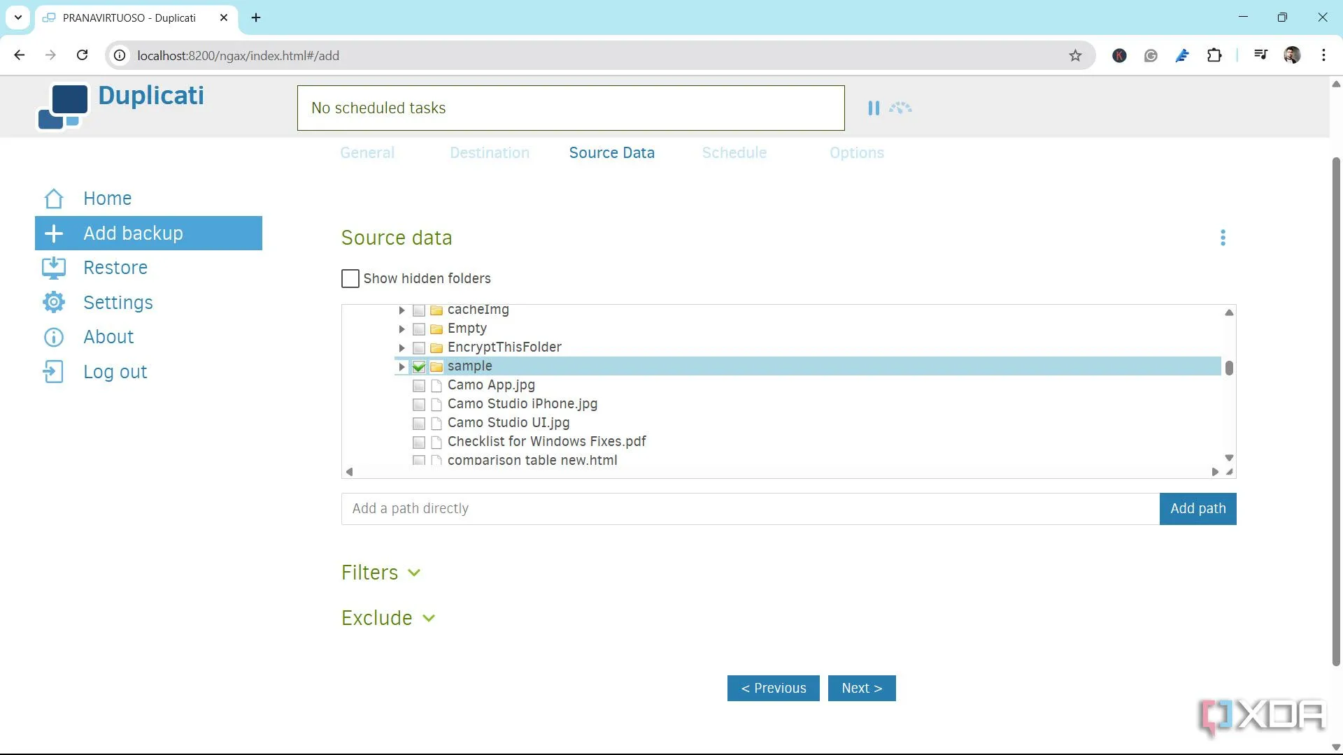 Chọn các mục cần sao lưu trong Duplicati