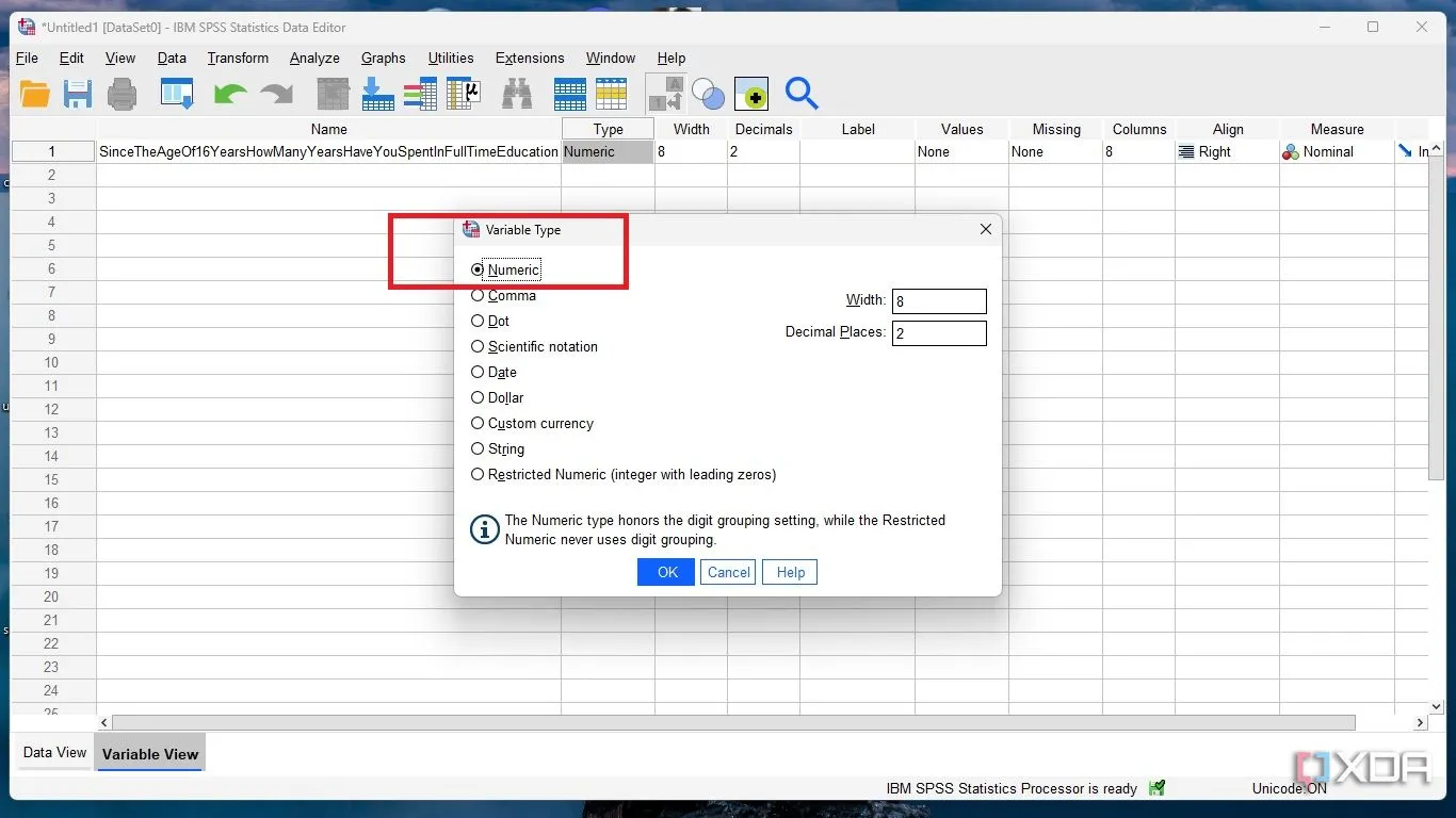Chọn kiểu biến Numeric (số) cho dữ liệu khảo sát trong SPSS