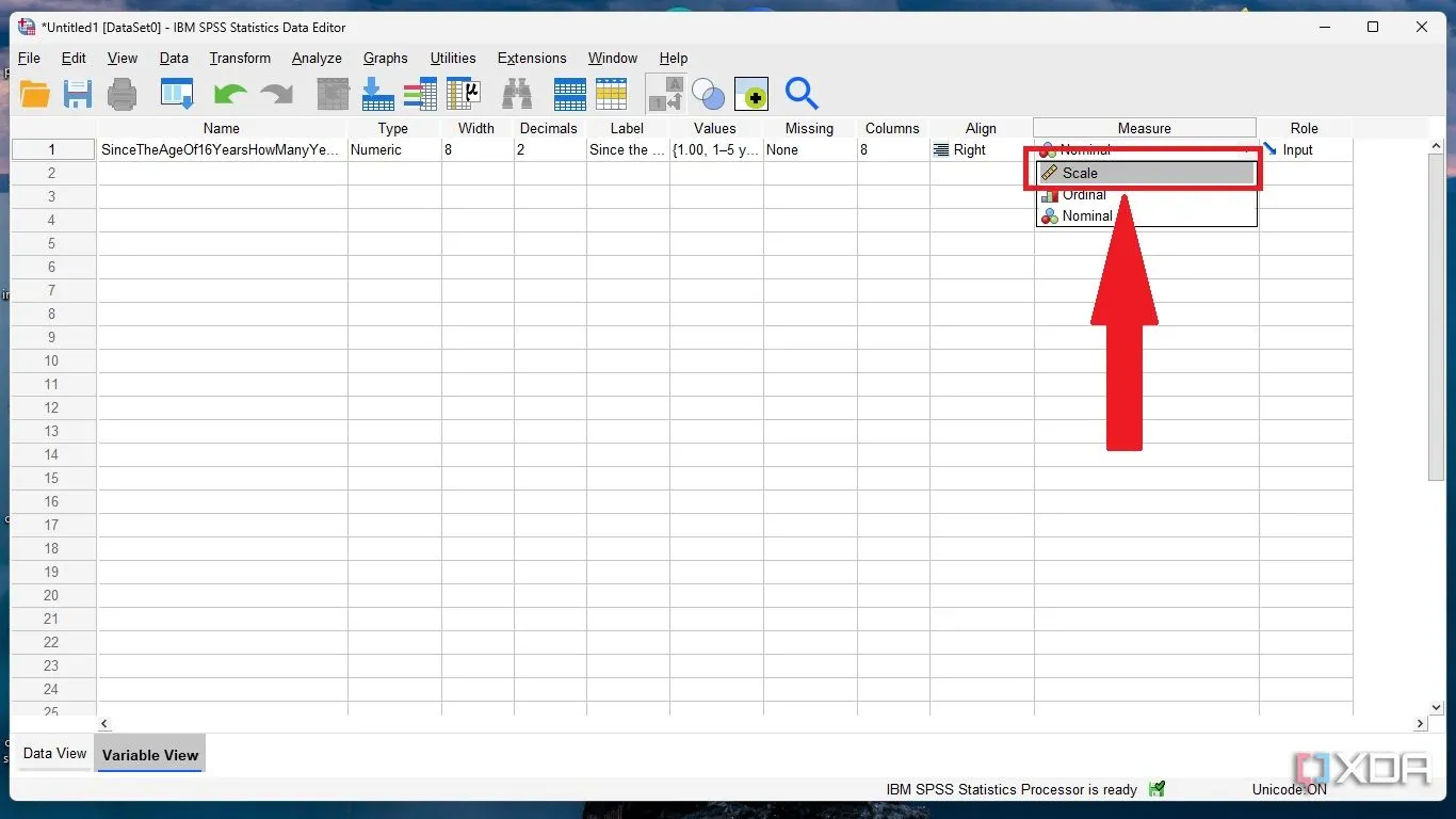 Chọn loại đo lường Scale (khoảng/tỷ lệ) phù hợp với biến có thể xếp hạng trong SPSS