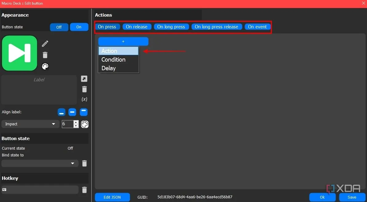 Chọn loại hành động (trigger) và thêm chức năng cho nút bấm Macro Deck