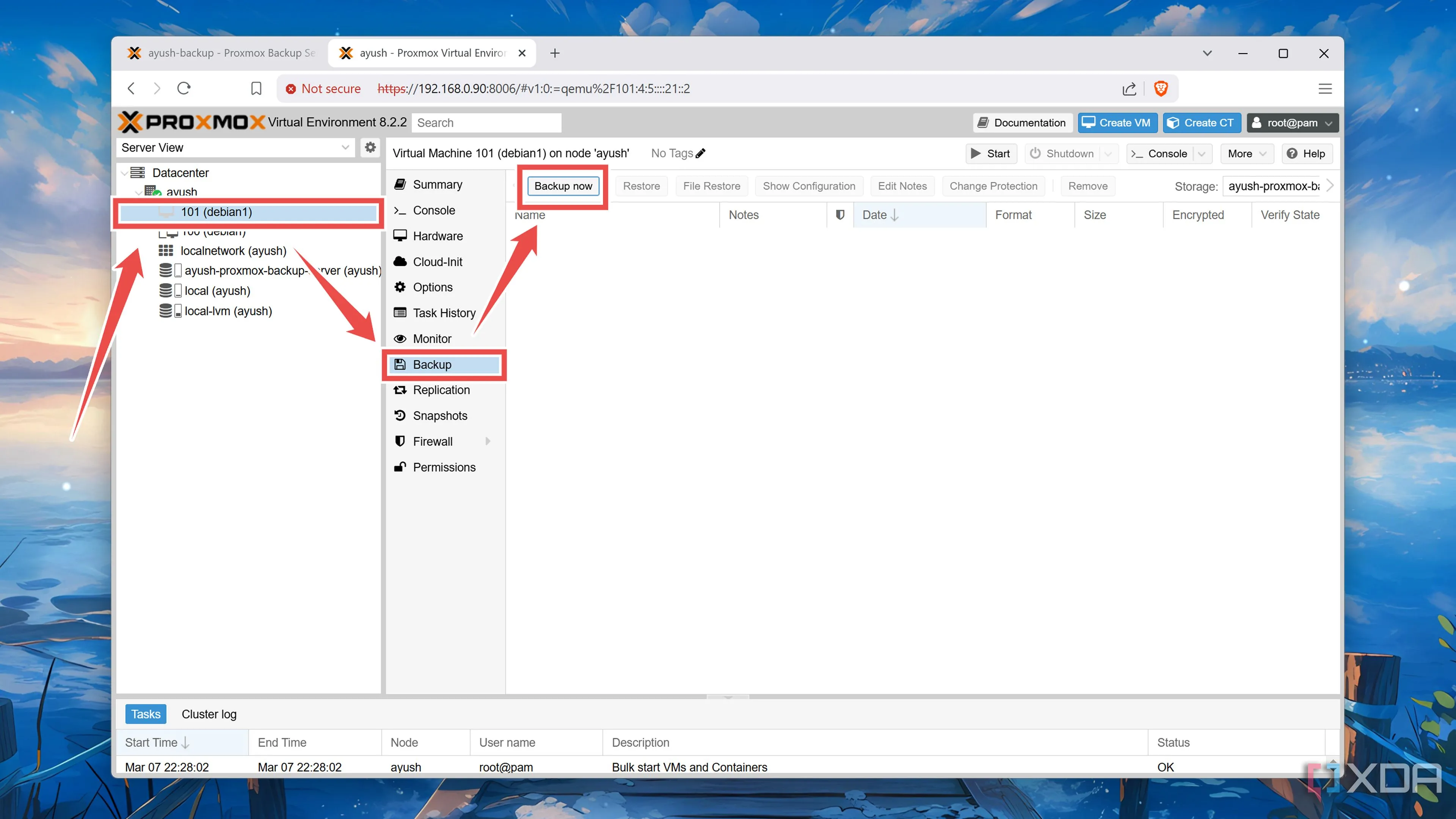 Chọn máy ảo cần sao lưu và nhấn &quot;Create Backup&quot; trong giao diện Proxmox VE