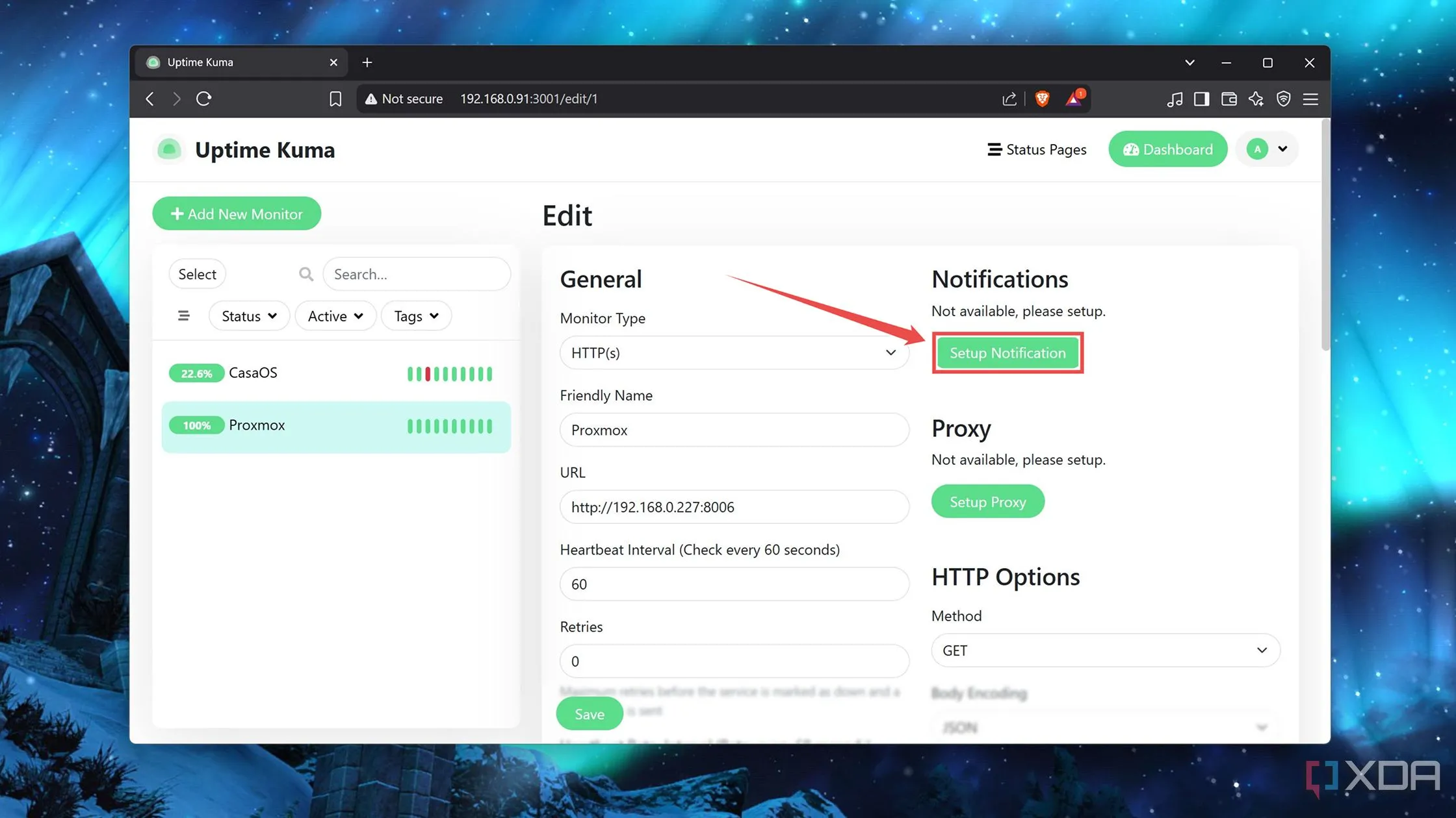Chọn &quot;Setup Notification&quot; để thiết lập cảnh báo cho dịch vụ đã chọn