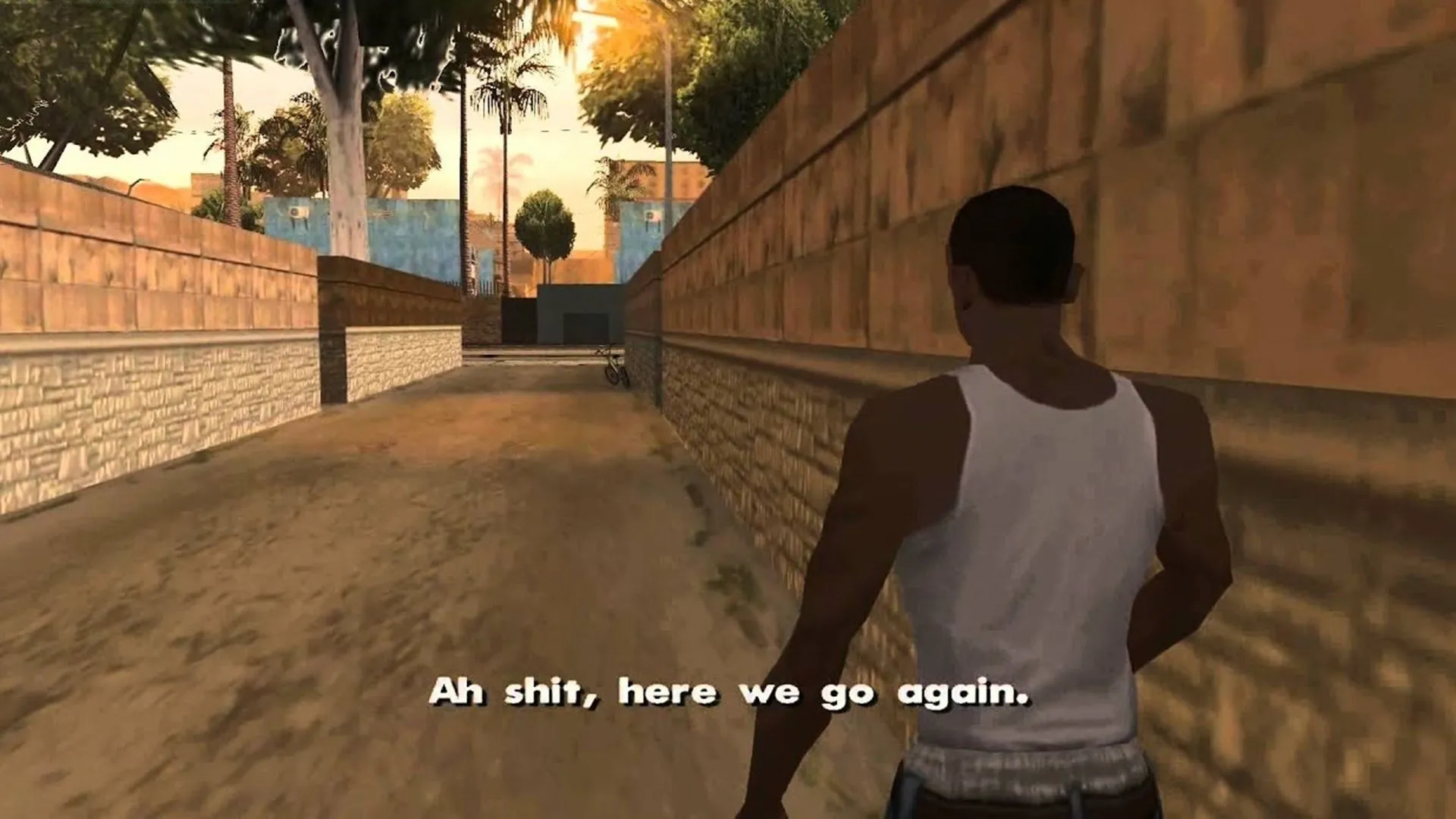 CJ nói "Ah shit... here we go again..." trong Grand Theft Auto San Andreas, minh họa meme game hài hước.