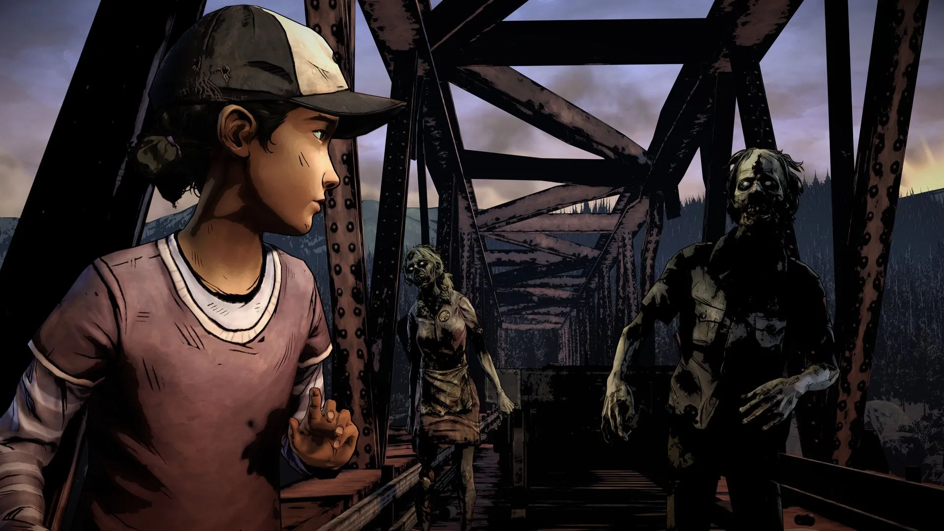 Clementin và nhân vật đồng hành trong một cảnh game The Walking Dead: The Telltale Definitive Series, thể hiện đồ họa cải tiến