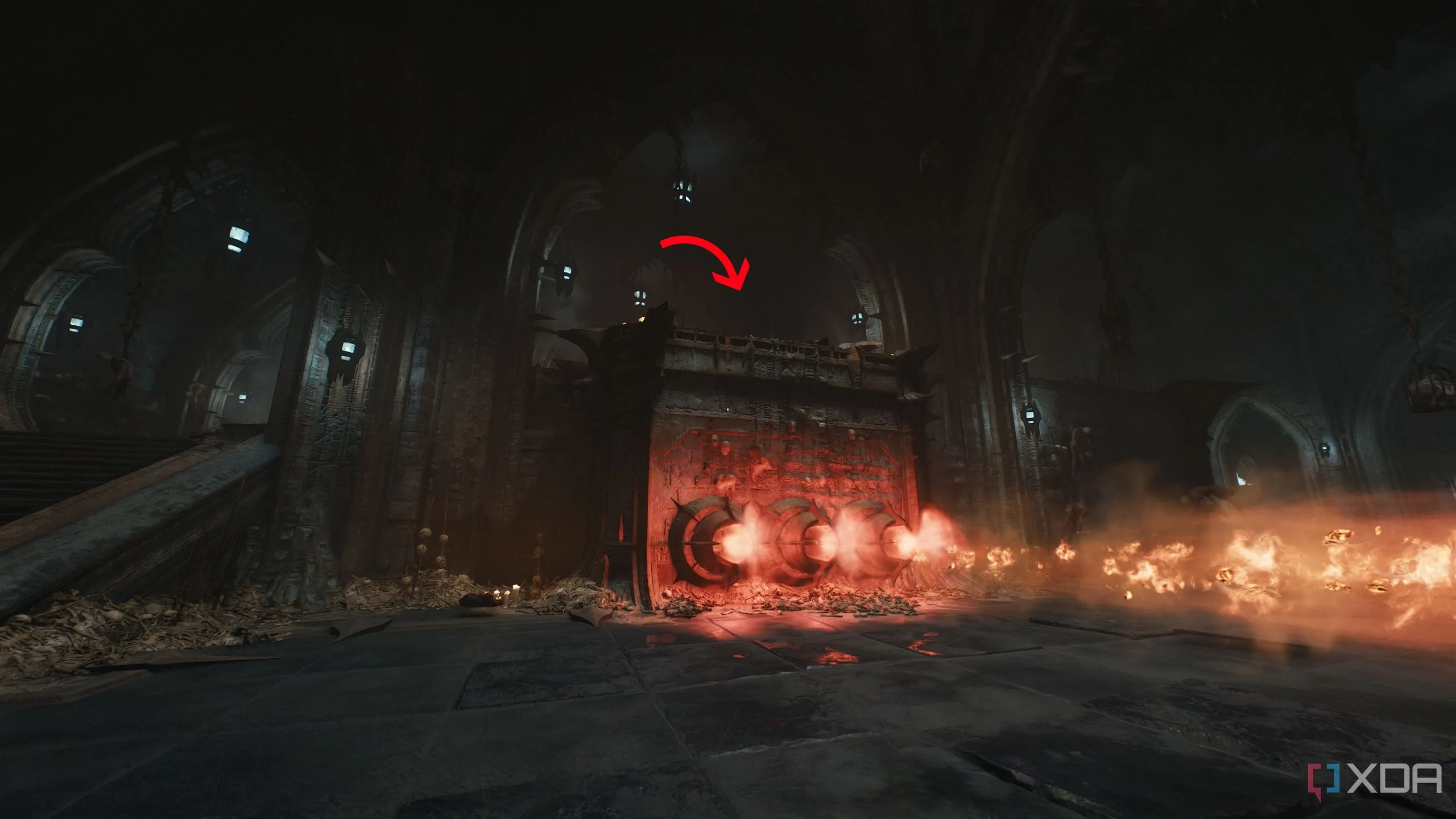 Cỗ máy phun lửa và Arachnotron phía trên trong Chapter 19 Doom: The Dark Ages