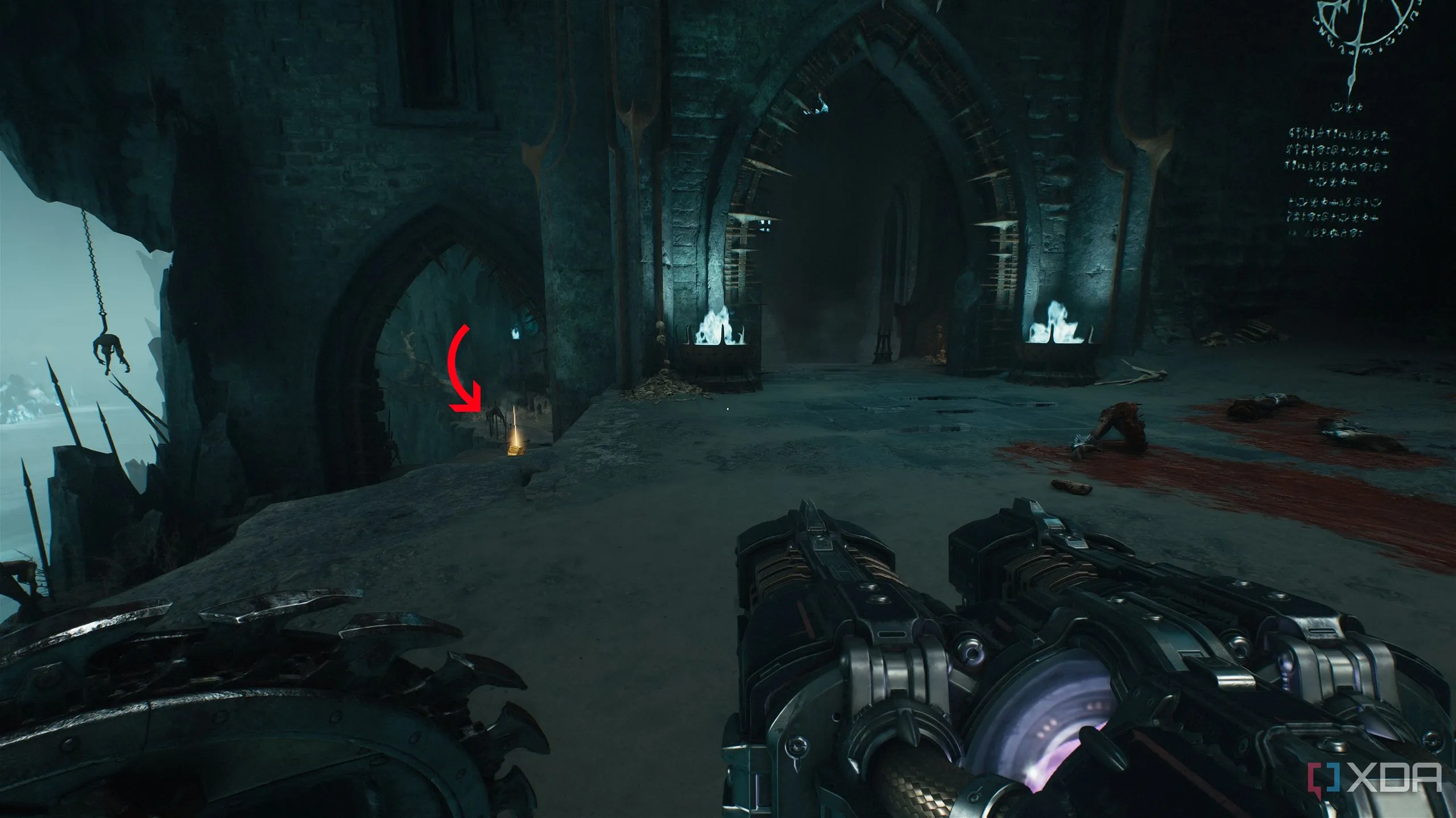 Cọc vàng bên trái phía dưới cổng trong Chapter 19 Doom: The Dark Ages