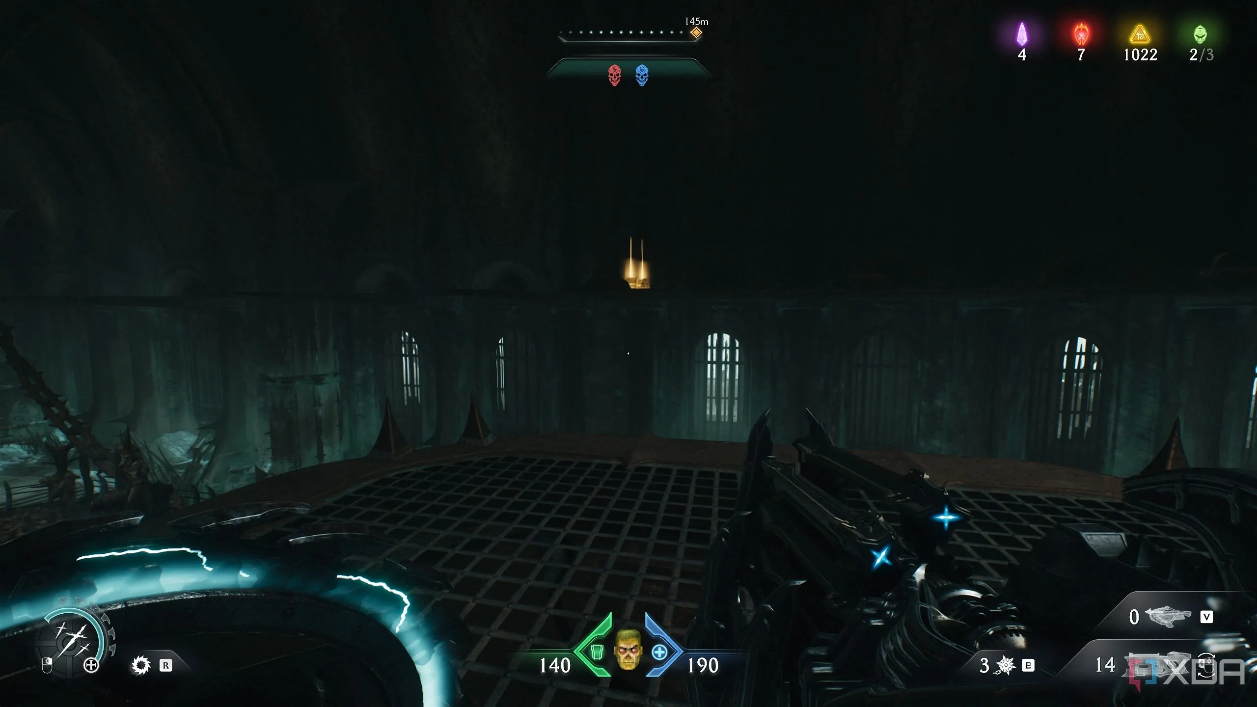 Cọc vàng lấp lánh ở phía xa trên lối đi kim loại trên cao trong Chapter 19 Doom: The Dark Ages