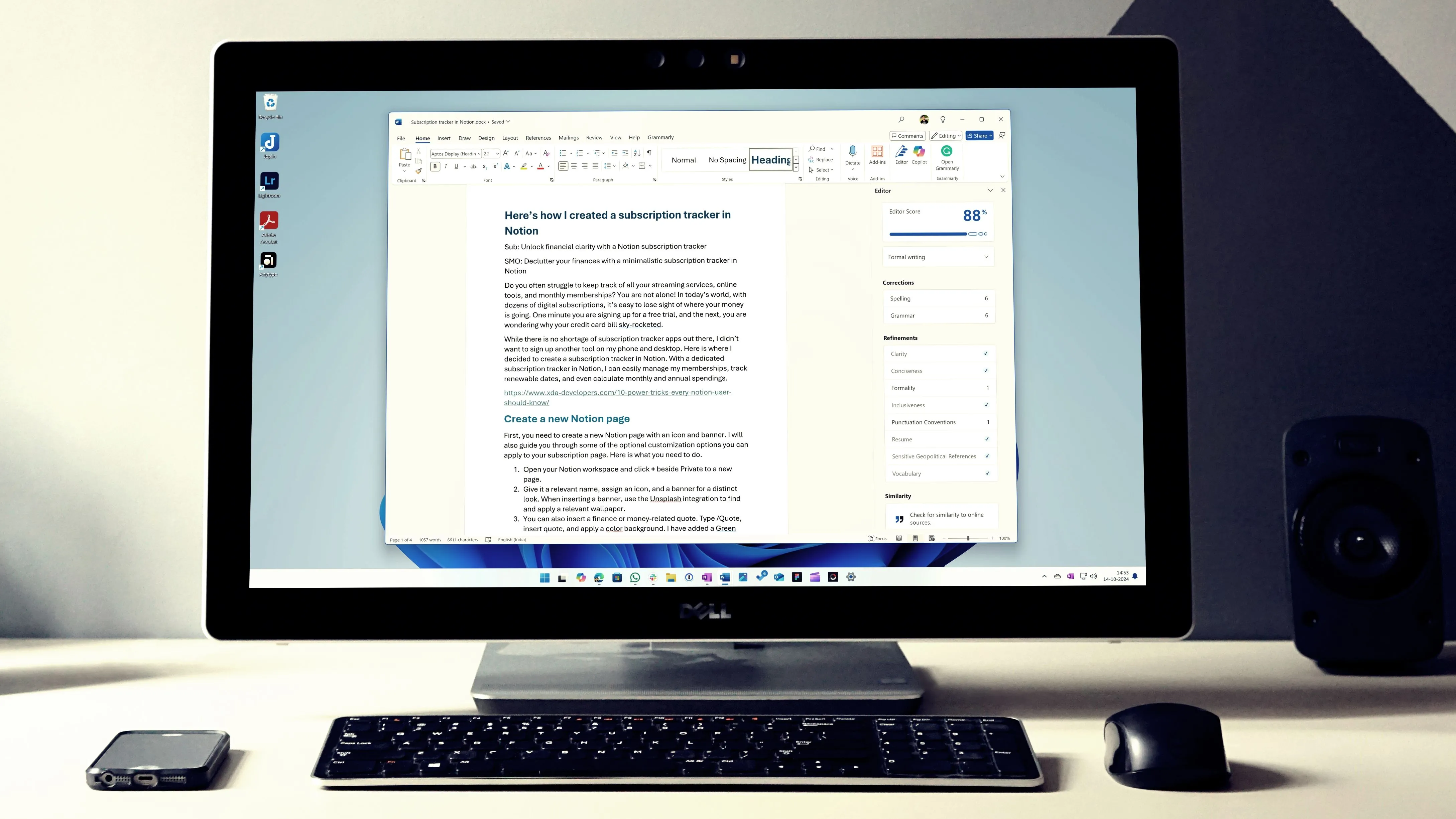 Công cụ Grammarly đang kiểm tra và gợi ý sửa lỗi ngữ pháp trên một văn bản, giúp người dùng viết chuyên nghiệp hơn