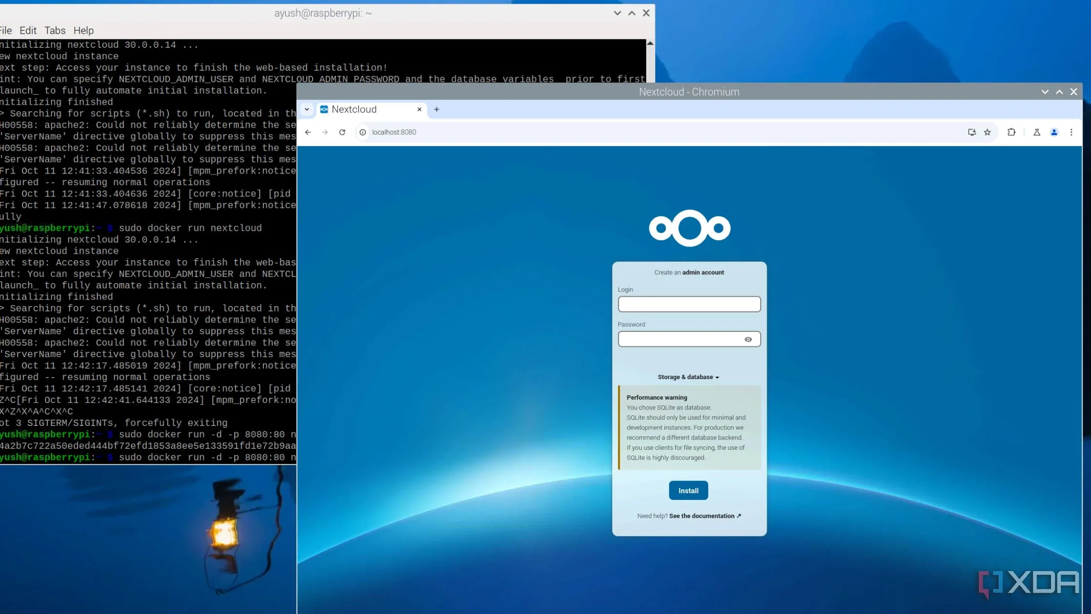 Container Nextcloud đang hoạt động trên bo mạch Raspberry Pi, cho thấy giải pháp tự host nhỏ gọn
