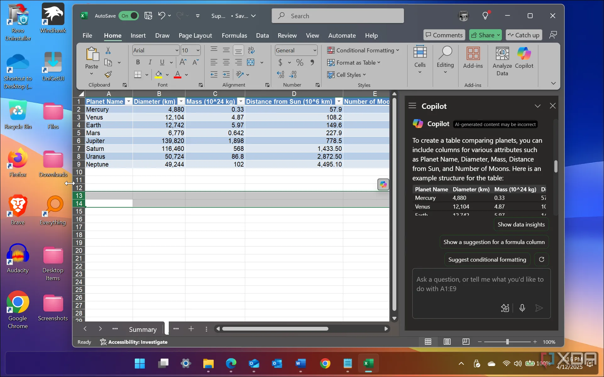 Copilot tự động tạo bảng dữ liệu chuyên nghiệp trong một trang tính Excel, thể hiện khả năng phân tích dữ liệu.
