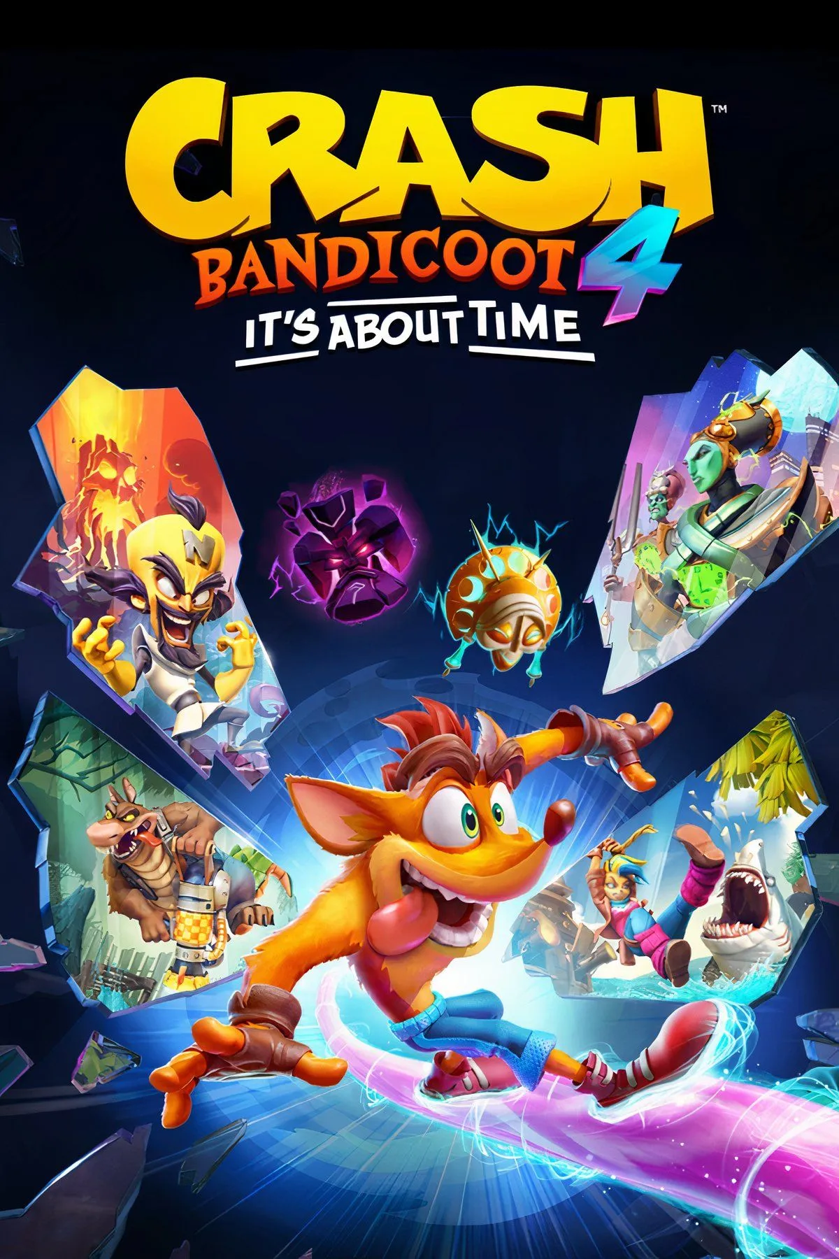 Crash Bandicoot và Tawna thực hiện cú nhảy giữa các nền tảng trong môi trường game đầy màu sắc nhưng hiểm trở của Crash Bandicoot 4