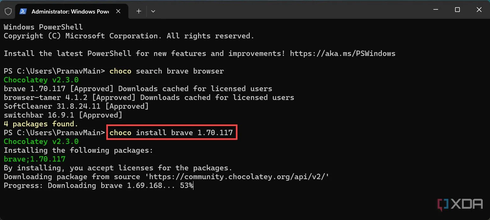 Cú pháp lệnh để cài đặt trình duyệt Brave bằng Chocolatey, giúp tránh bloatware và các chương trình không mong muốn.