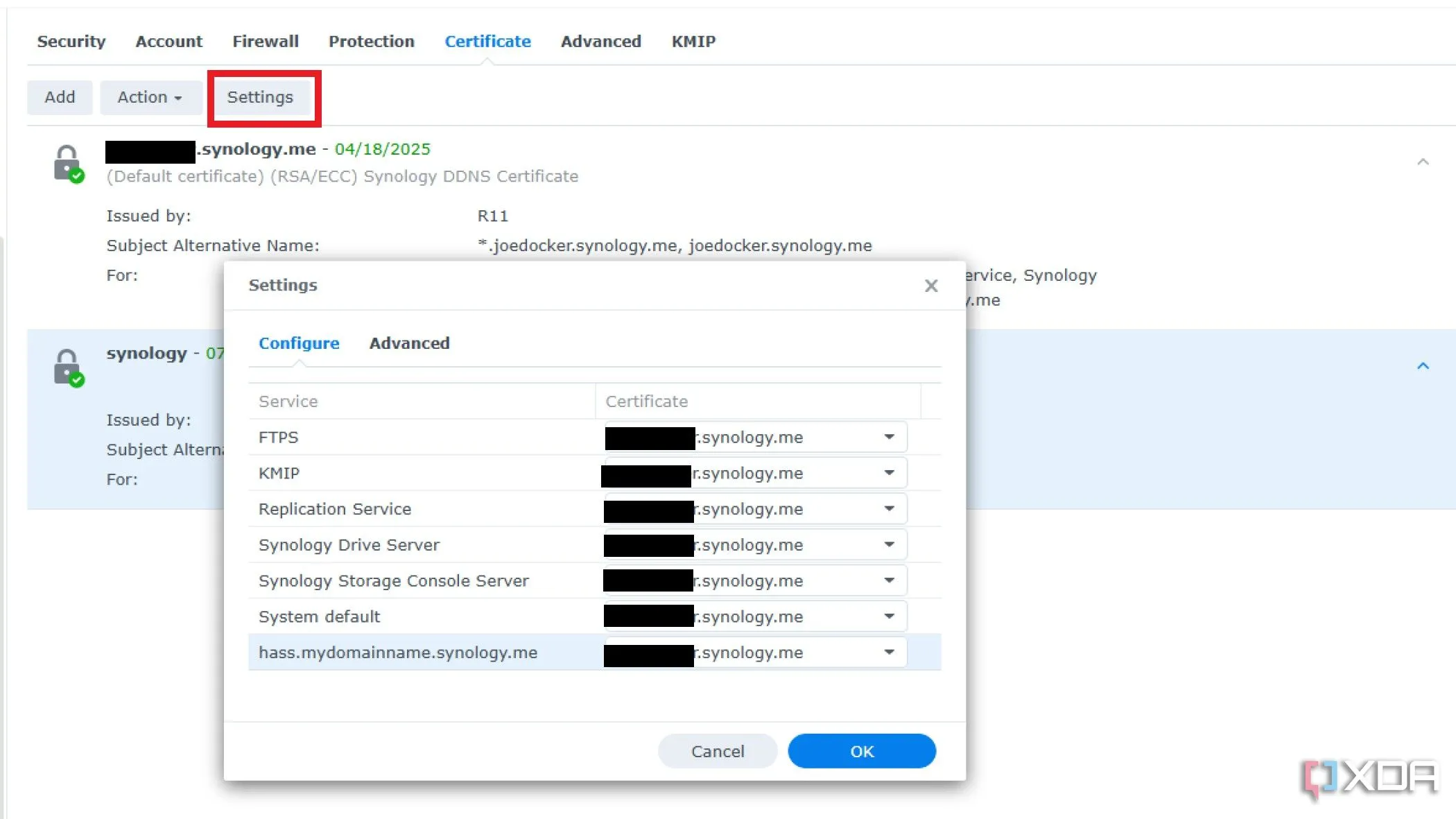 Cửa sổ cài đặt chứng chỉ SSL trong Synology DSM, cho phép người dùng gán chứng chỉ cho các dịch vụ Reverse Proxy