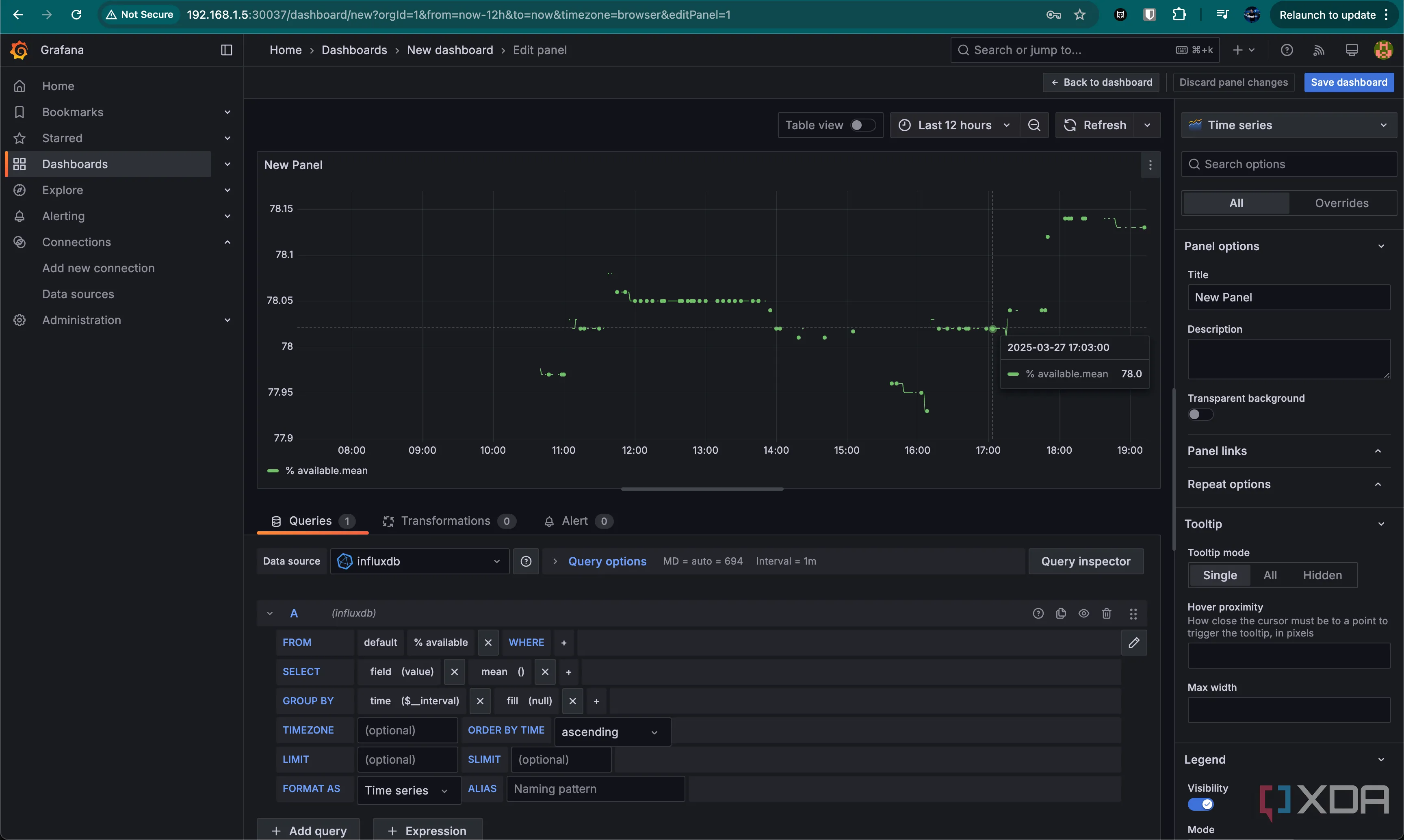 Cửa sổ chỉnh sửa biểu đồ trong Grafana, hiển thị các tùy chọn tùy chỉnh và thiết lập hiển thị.
