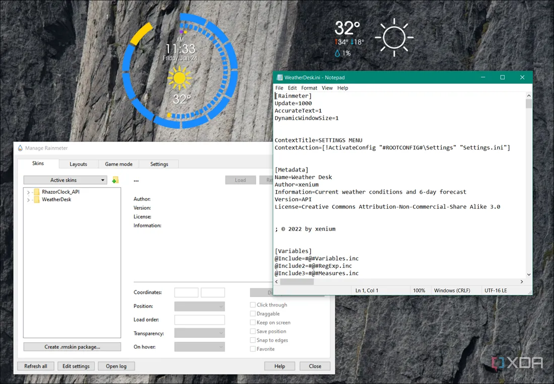 Cửa sổ chỉnh sửa file cấu hình mã nguồn của skin Rainmeter, cho phép tùy biến chi tiết giao diện