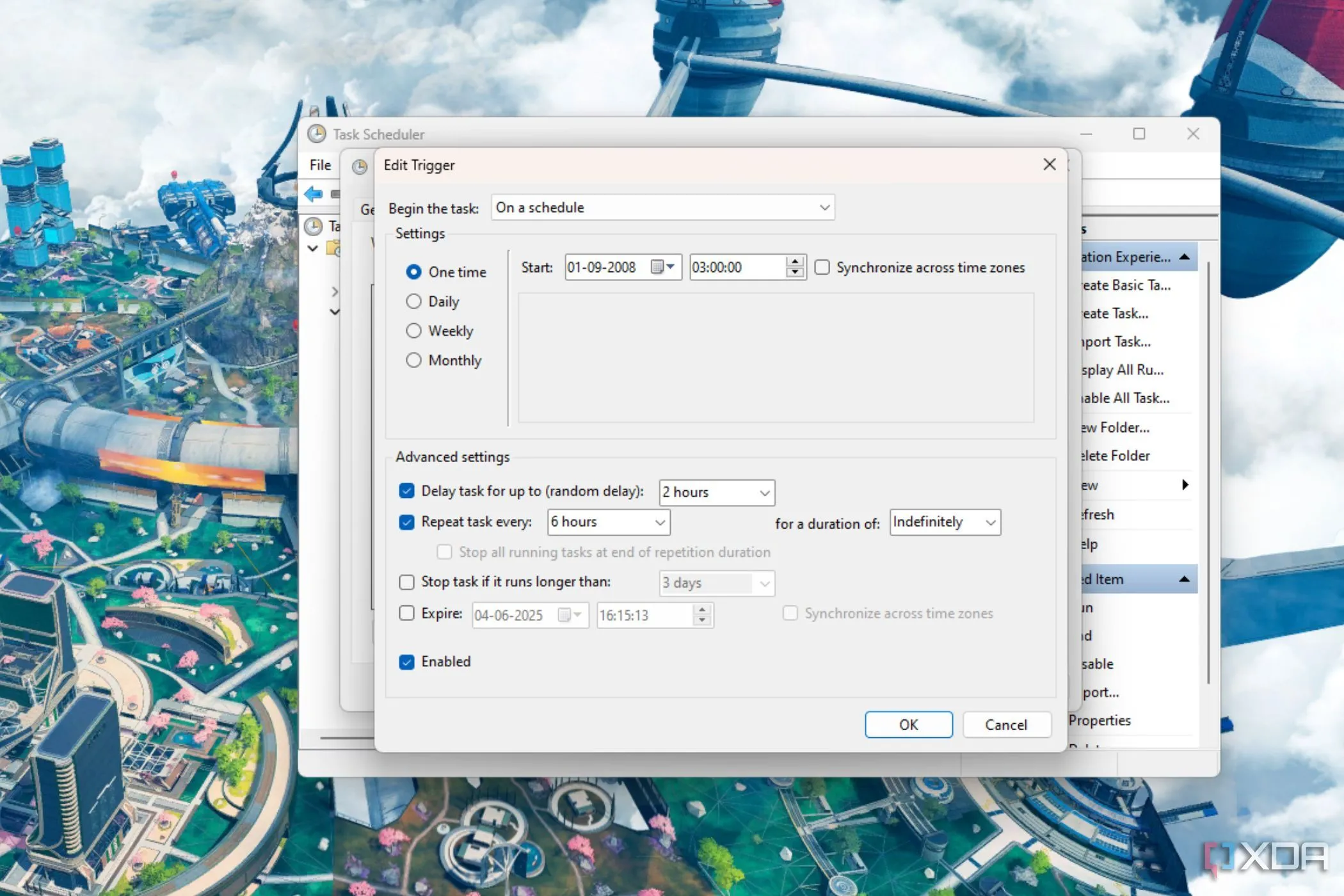 Cửa sổ chỉnh sửa trigger trong Windows Task Scheduler, minh họa cách thiết lập lịch trình tự động cho script PowerShell