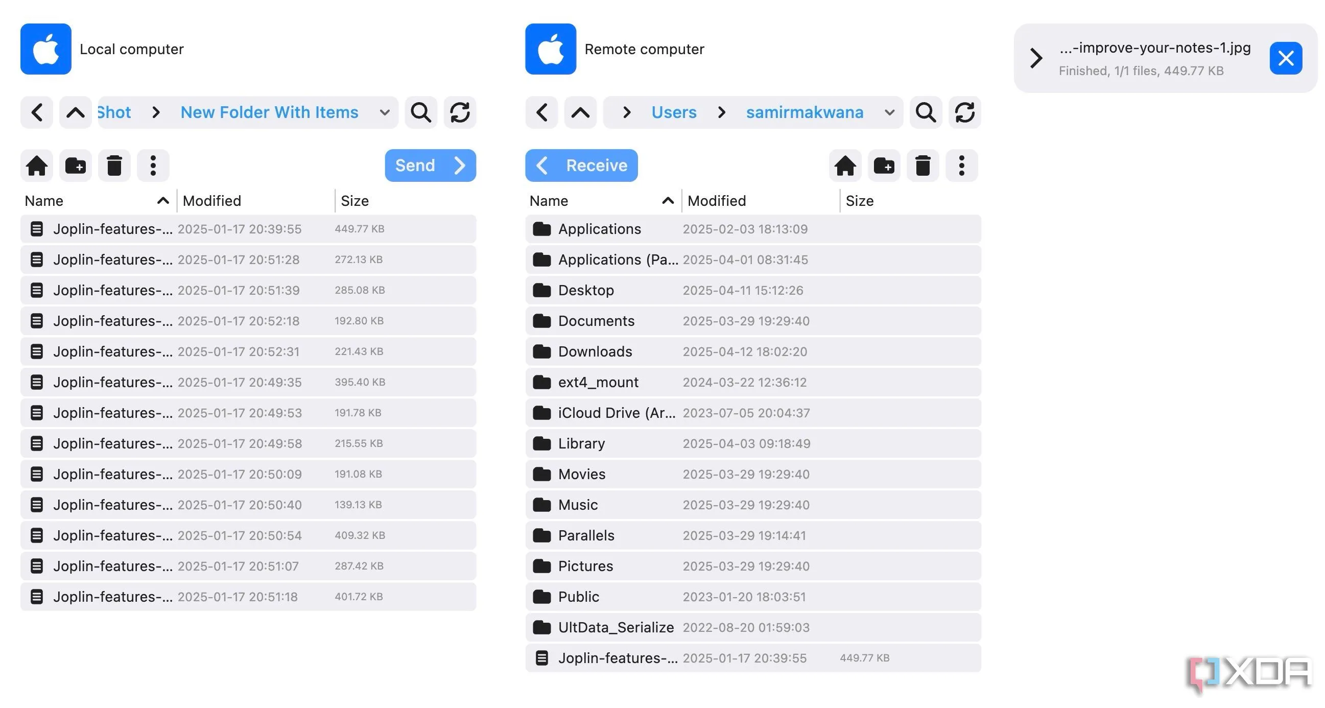 Cửa sổ chức năng chuyển file của RustDesk, giúp người dùng dễ dàng truyền tệp tin giữa các máy tính từ xa một cách nhanh chóng