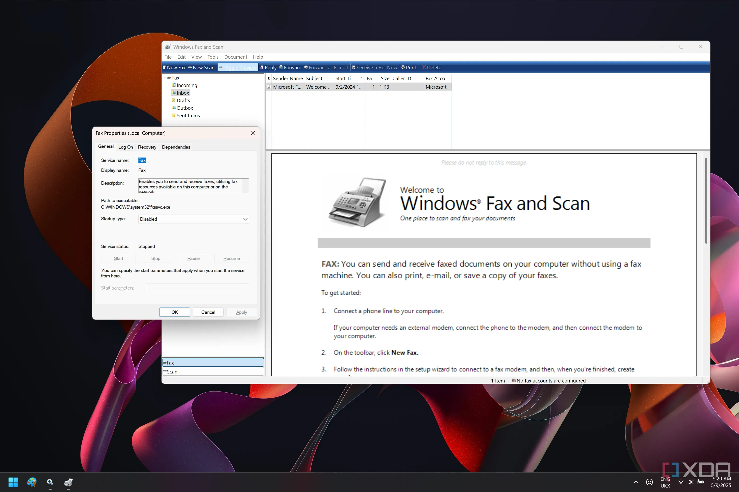 Cửa sổ dịch vụ Fax trên Windows 11 hiển thị trạng thái đã tắt và ứng dụng Windows Fax and Scan