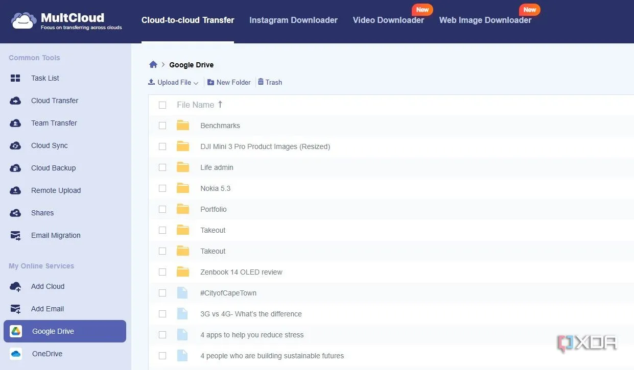 Cửa sổ Multcloud hiển thị khả năng kết nối và quản lý đa dạng các dịch vụ lưu trữ đám mây như Google Drive