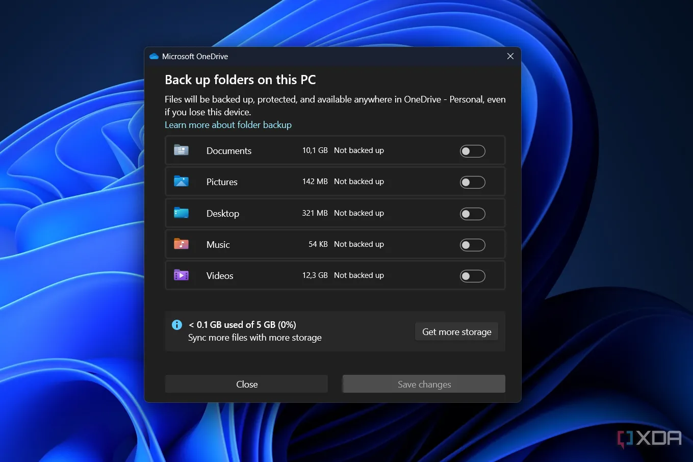 Cửa sổ OneDrive trên Windows 11 hiển thị lời nhắc nâng cấp dung lượng lưu trữ