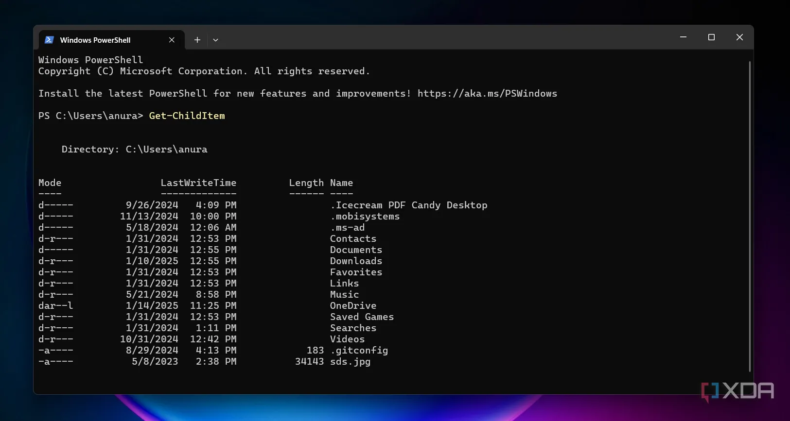 Cửa sổ PowerShell với kết quả lệnh Get-ChildItem hiển thị các tệp và thư mục con