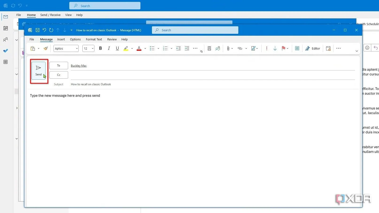 Cửa sổ soạn thảo thư mới sau khi chọn tùy chọn thay thế email đã thu hồi trong Outlook