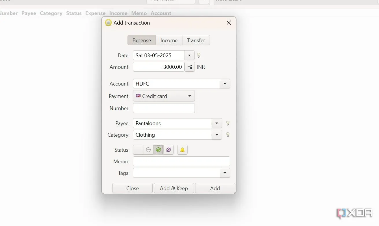 Cửa sổ tạo giao dịch mới trên HomeBank với các trường nhập liệu chi tiết và tùy chọn tự động gán