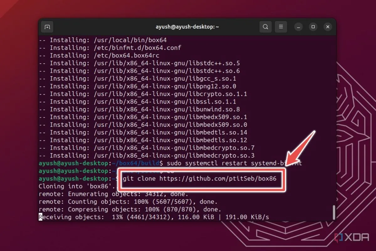 Cửa sổ Terminal của Ubuntu với lệnh dùng để clone kho lưu trữ Box86 được đánh dấu