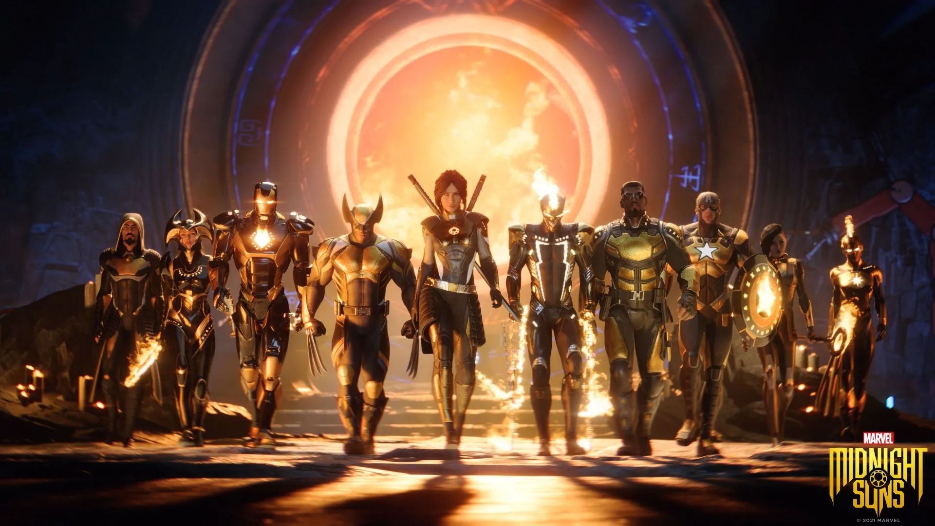 Dàn anh hùng đa dạng trong Marvel's Midnight Suns cùng nhân vật chính The Hunter tại The Abbey