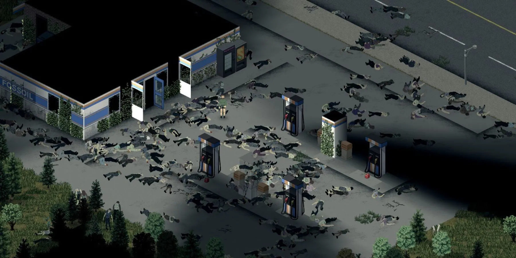 Đàn zombie tại trạm xăng trong game Project Zomboid