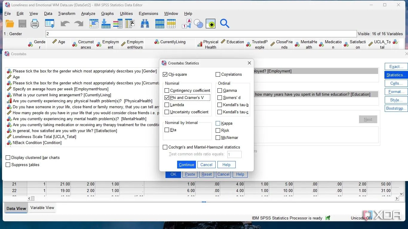 Đánh dấu chọn Chi-square và Cramer's V trong hộp thoại Statistics của SPSS Crosstabs