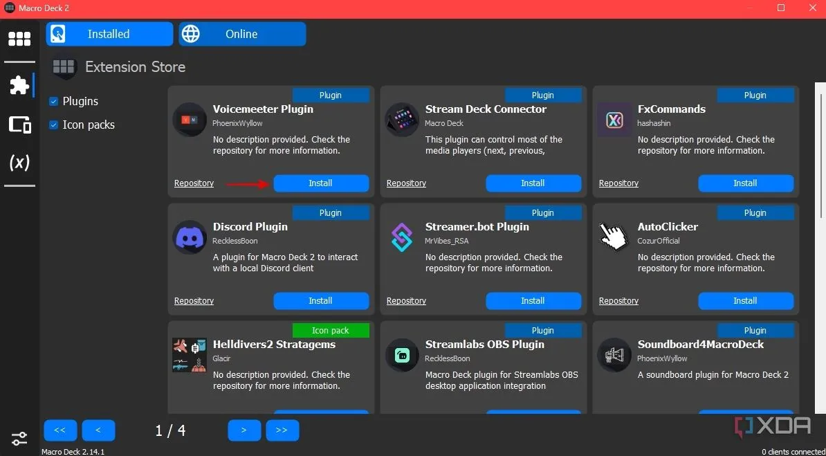 Danh sách các plugin và gói biểu tượng có sẵn để cài đặt trên Macro Deck