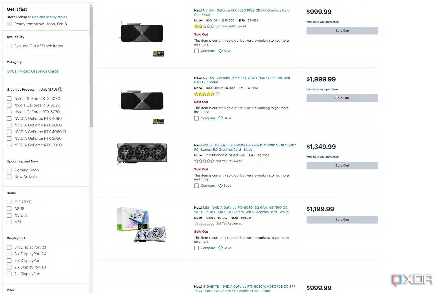 Danh sách sản phẩm RTX 50 series trên BestBuy hiển thị tình trạng hết hàng