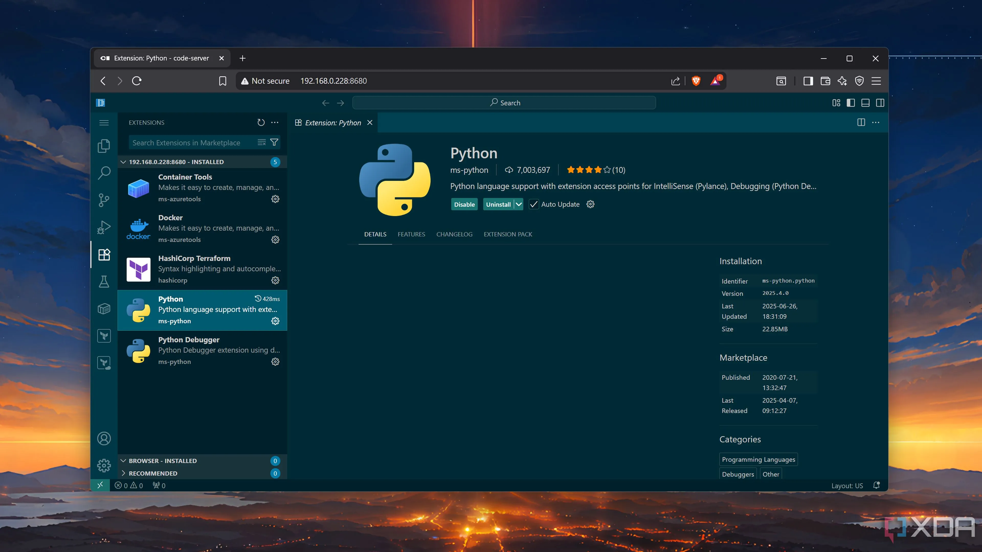 Danh sách tiện ích mở rộng (extensions) khả dụng trên Code-Server từ Open VSX Registry, cho thấy sự khác biệt so với VS Code.