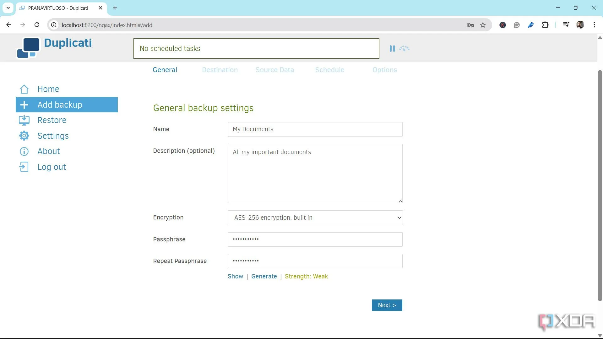 Đặt tên và mã hóa tác vụ sao lưu Duplicati