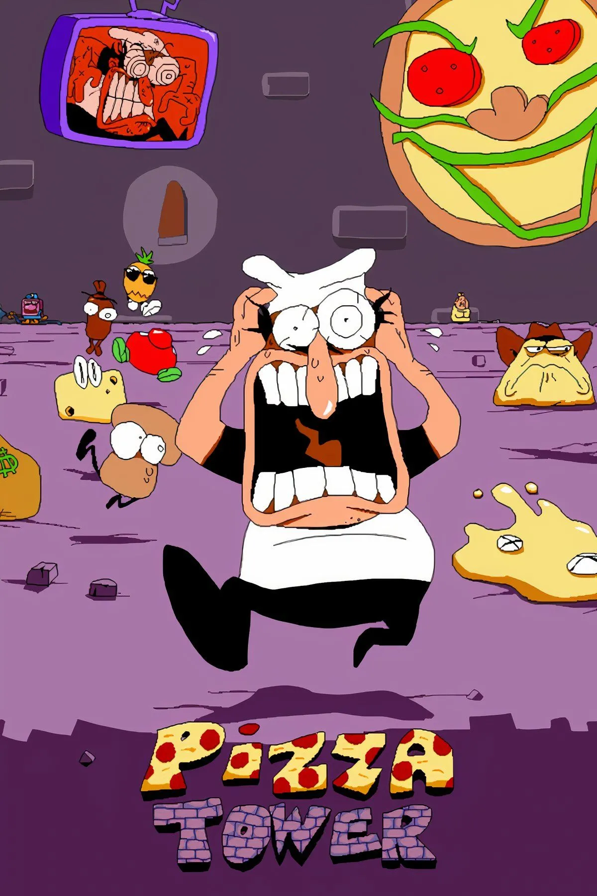 Đầu bếp Peppino Spaghetti với phong cách nghệ thuật hoạt hình thập niên 90 trong game platformer Pizza Tower.