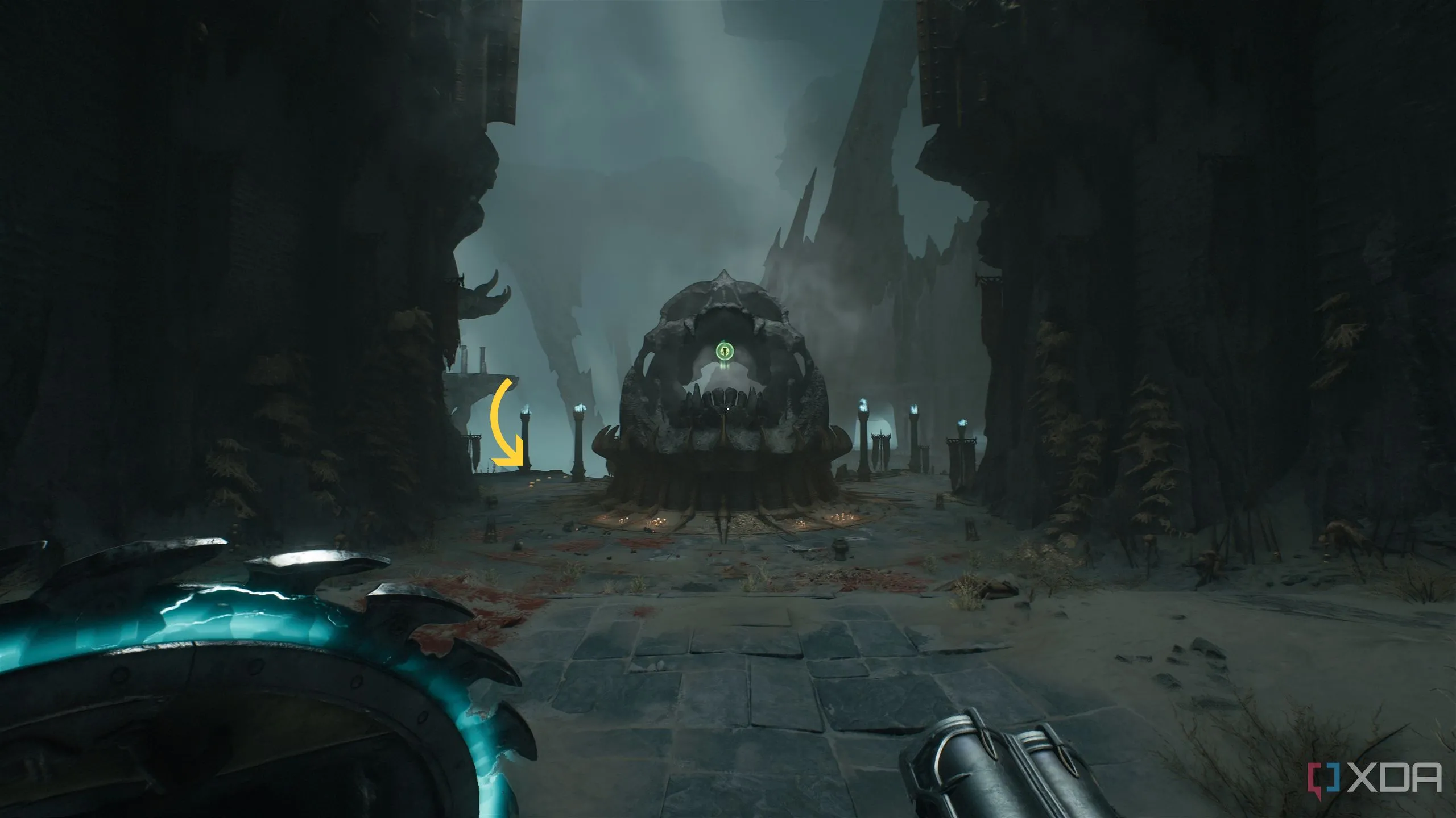 Đầu lâu khổng lồ ở trung tâm đấu trường trong Chapter 19 Doom: The Dark Ages