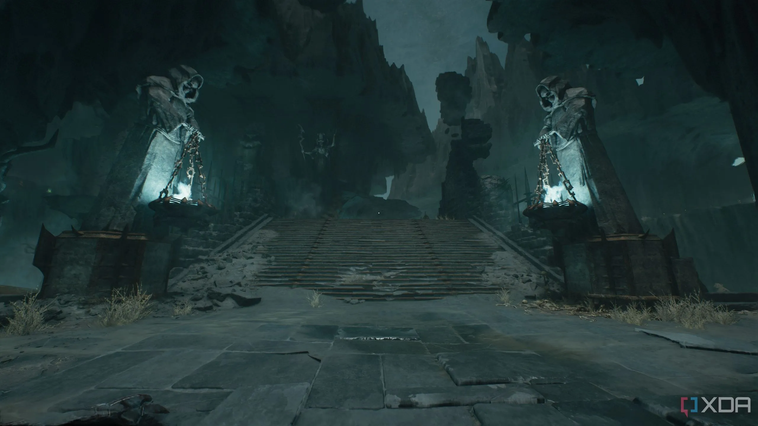 Đấu trường lớn với tượng và cầu thang trong Chapter 19 Doom: The Dark Ages