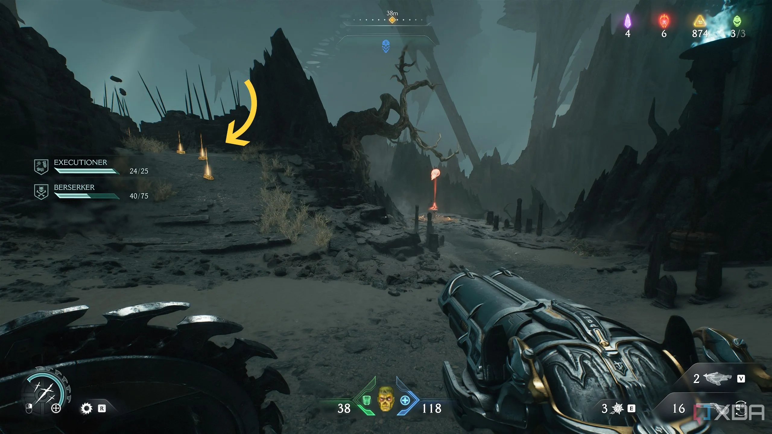 Dấu vết thỏi vàng trên mặt đất dẫn lên con đường quanh co trước chìa khóa đầu lâu đỏ trong Chapter 19 Doom: The Dark Ages