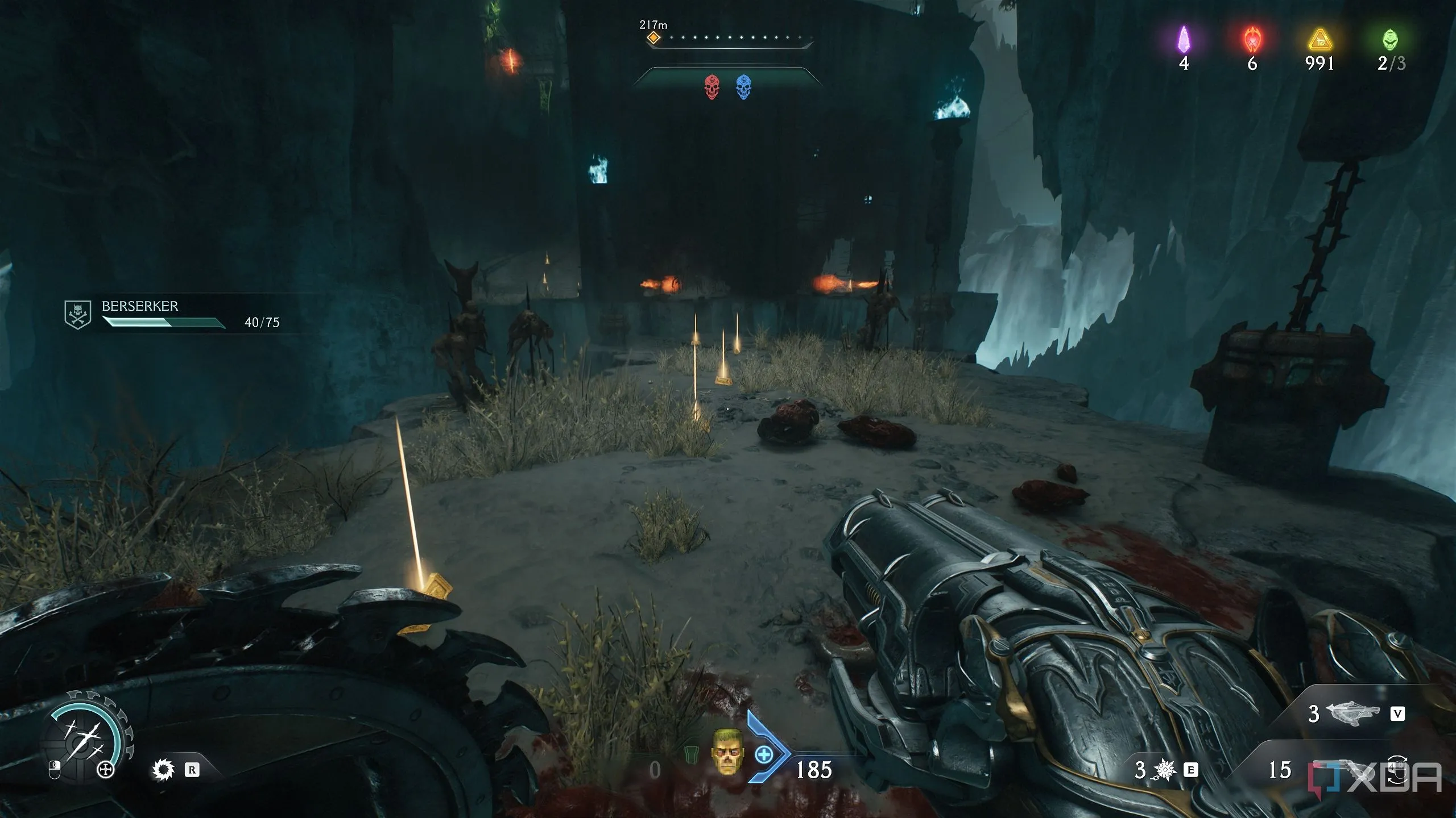 Dấu vết thỏi vàng trên nền cỏ sau cỗ máy phun lửa trong Chapter 19 Doom: The Dark Ages