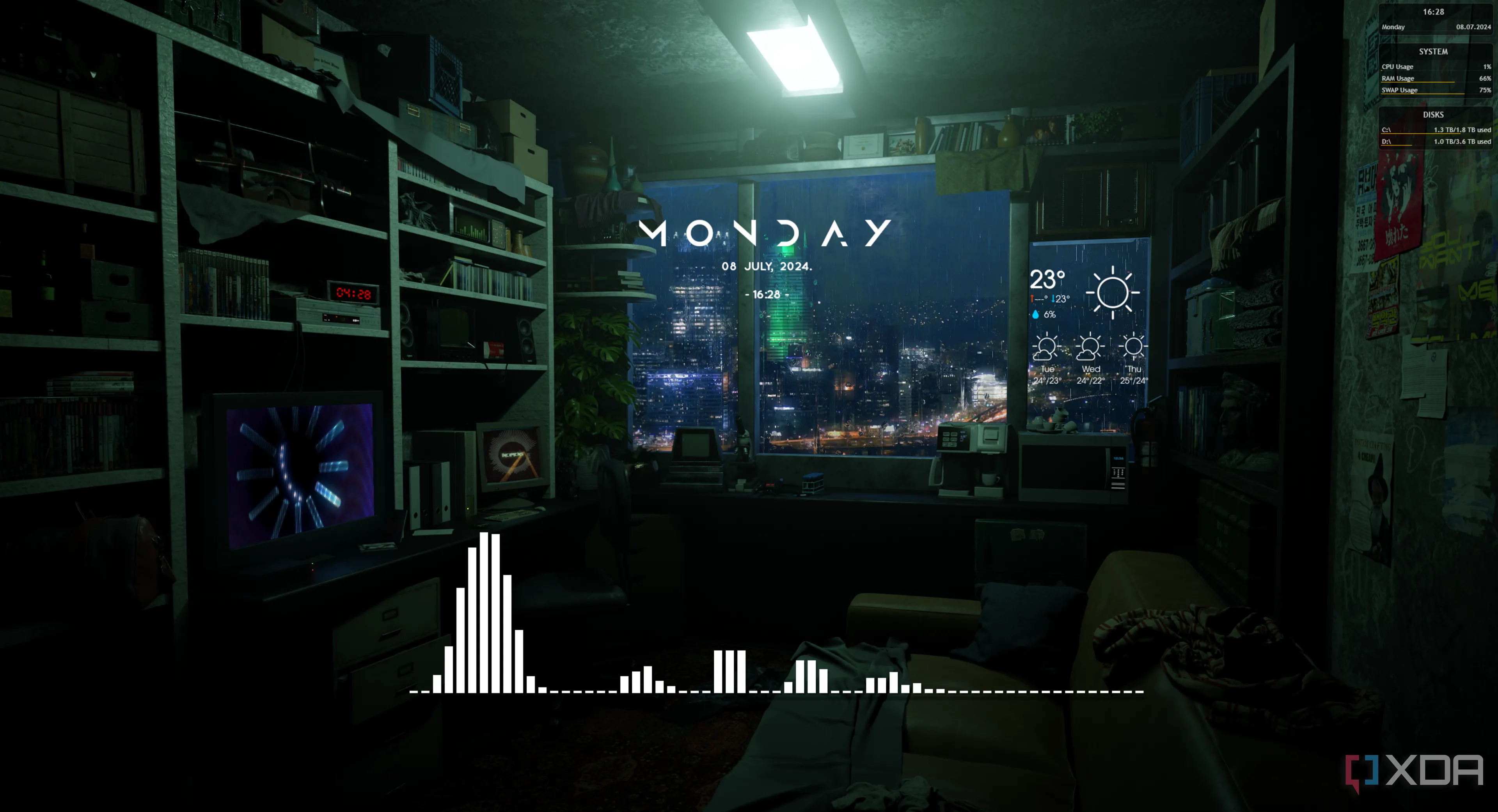 Desktop Windows 11 với các widget Rainmeter hiển thị thông số hiệu suất hệ thống và đồng hồ kỹ thuật số