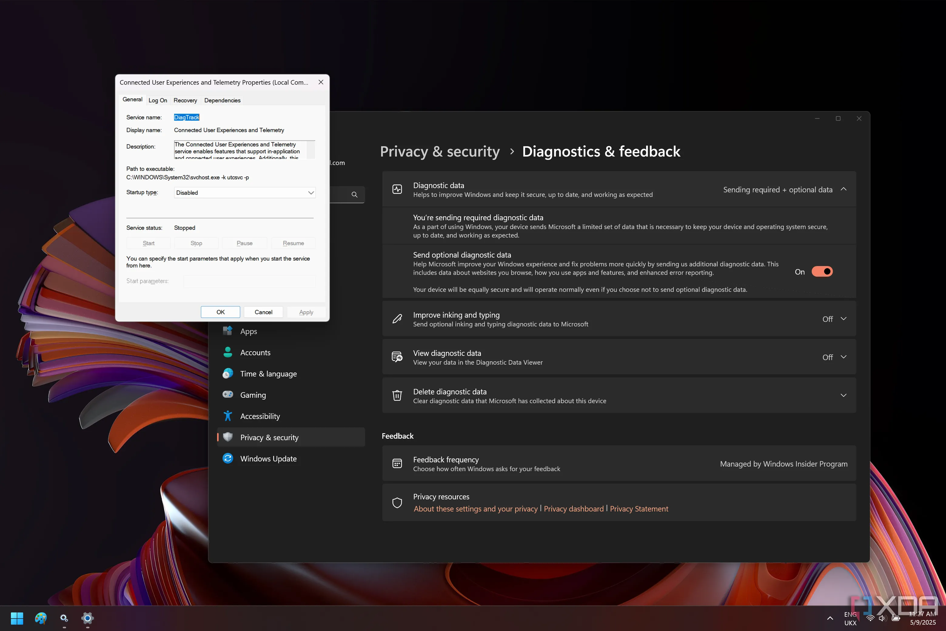 Dịch vụ Connected User Experiences and Telemetry trên Windows 11 đã bị vô hiệu hóa, hiển thị trang cài đặt Diagnostics and feedback