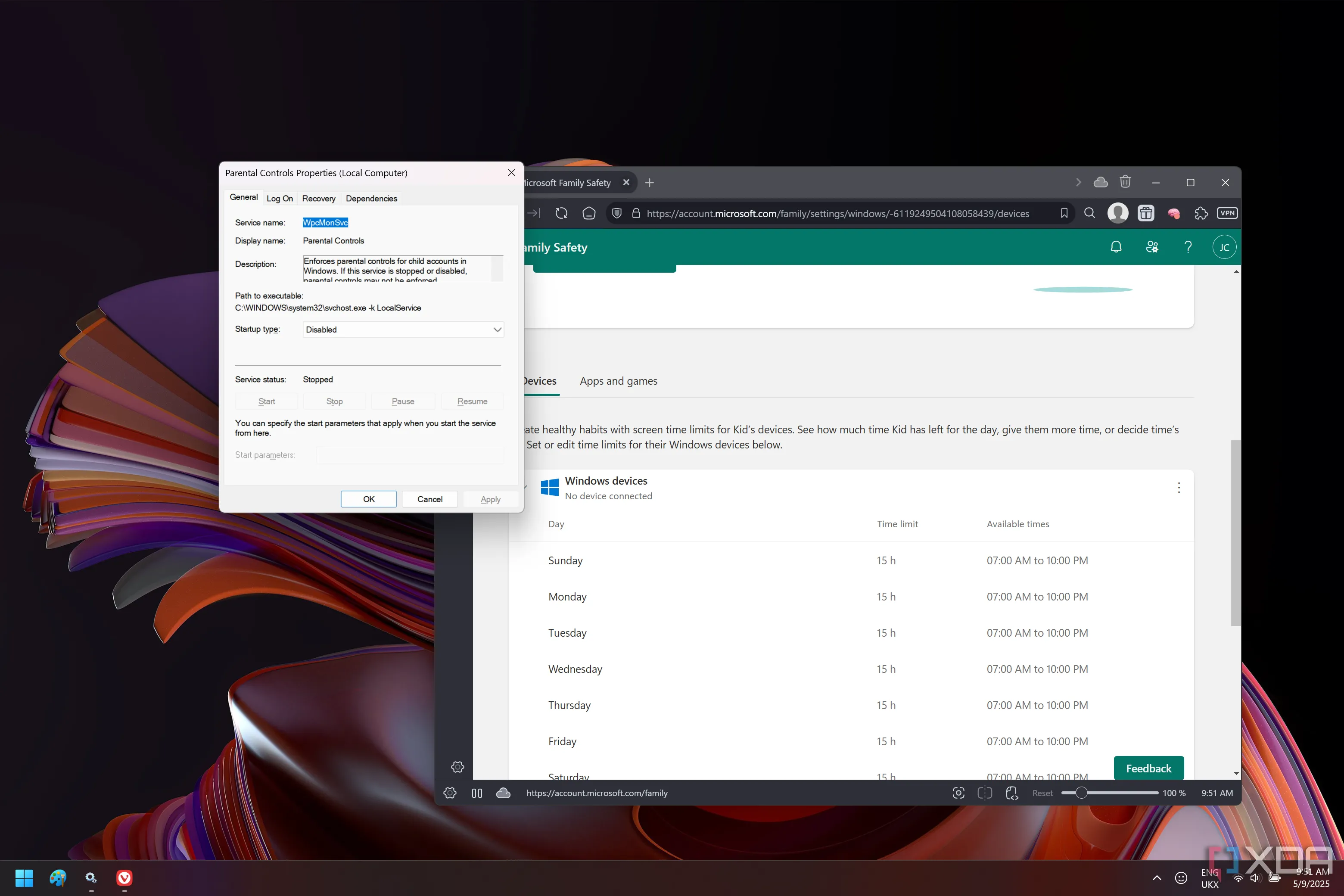 Dịch vụ Parental Controls trên Windows 11 đã bị vô hiệu hóa, kèm theo trang web Family Safety của Microsoft