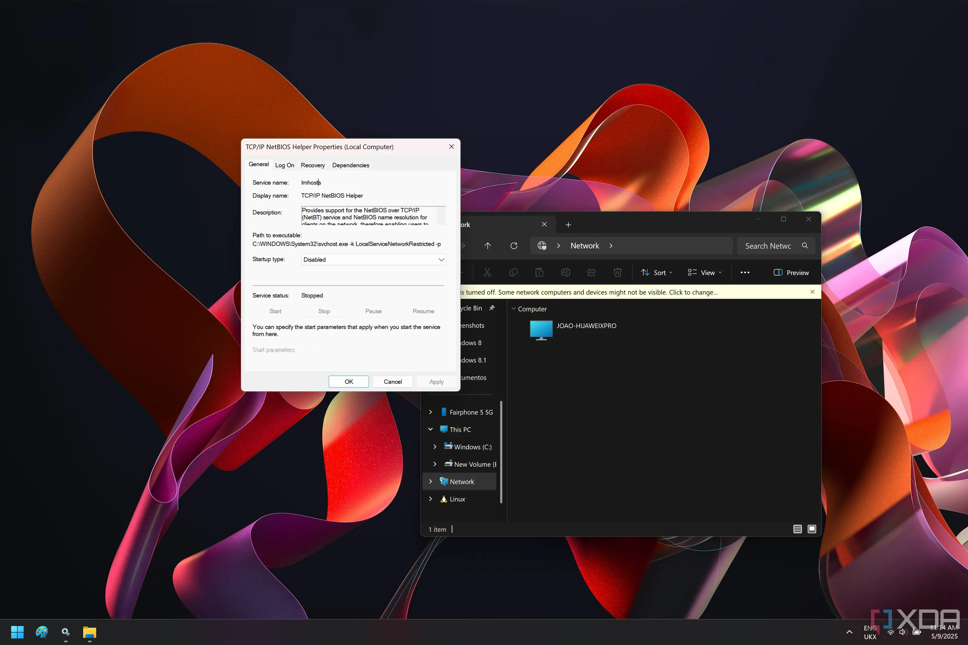 Dịch vụ TCP/IP NetBIOS Helper trên Windows 11 đã bị vô hiệu hóa, hiển thị trang Network trong File Explorer