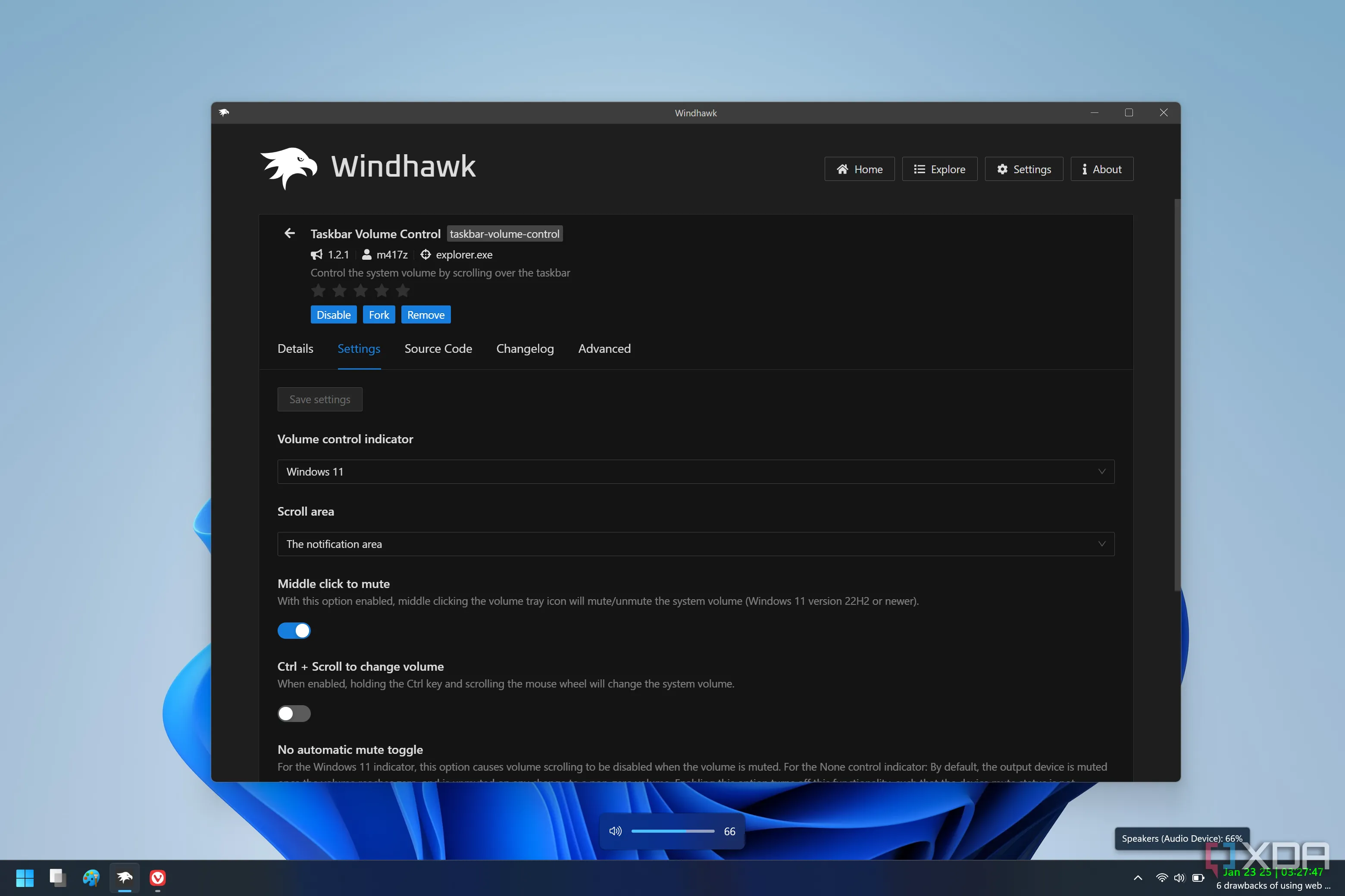 Điều chỉnh âm lượng hệ thống bằng cách cuộn chuột trên toàn bộ thanh Taskbar Windows 11, nhờ mod Windhawk.