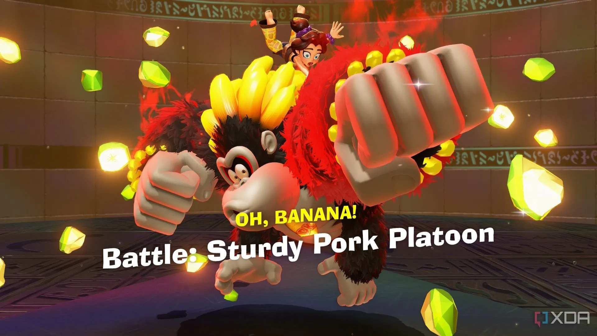 Donkey Kong trong dạng Bananza hùng mạnh tìm thấy Banandium Gem quý giá, minh họa cơ chế khám phá trong game