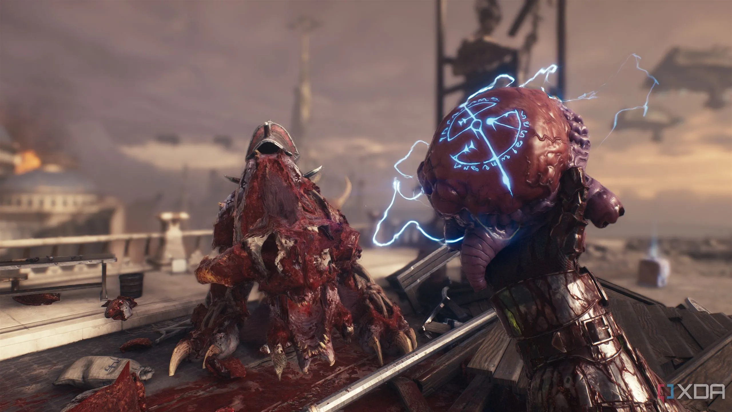 Doom Slayer cầm trái tim của một con quỷ trong tay sau khi nâng cấp máu trong Doom: The Dark Ages