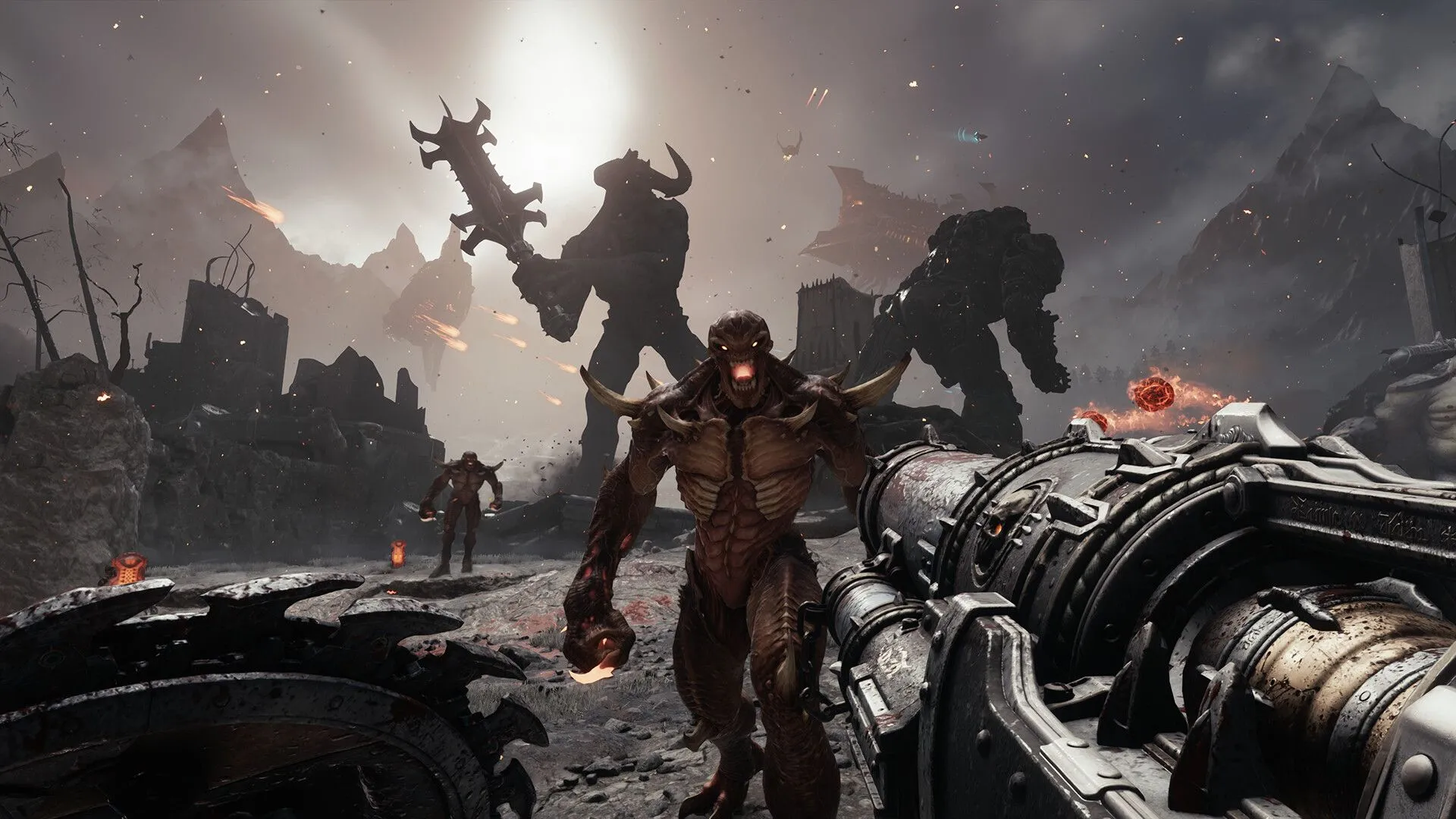 Doom Slayer chiến đấu với kẻ thù lớn trong một màn chơi điều khiển mech của Doom: The Dark Ages.