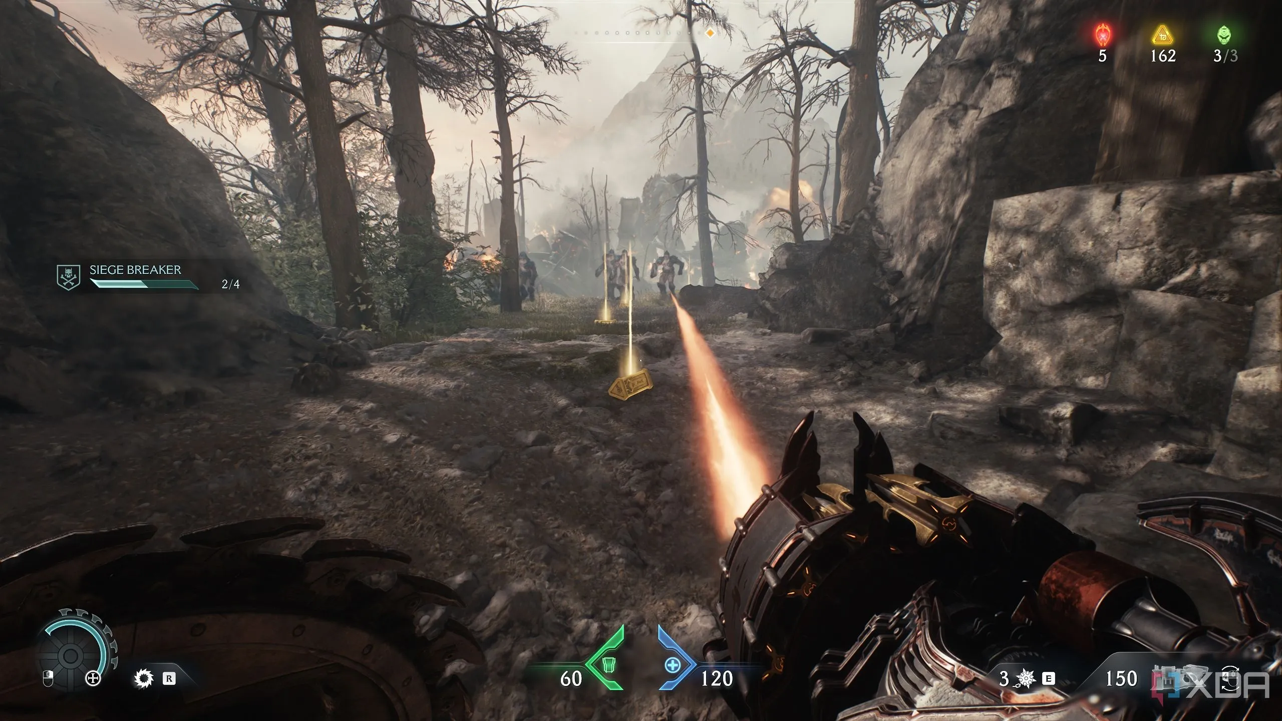 Doom Slayer chiến đấu với lính quỷ, thỏi vàng nằm trên mặt đất trong hang động